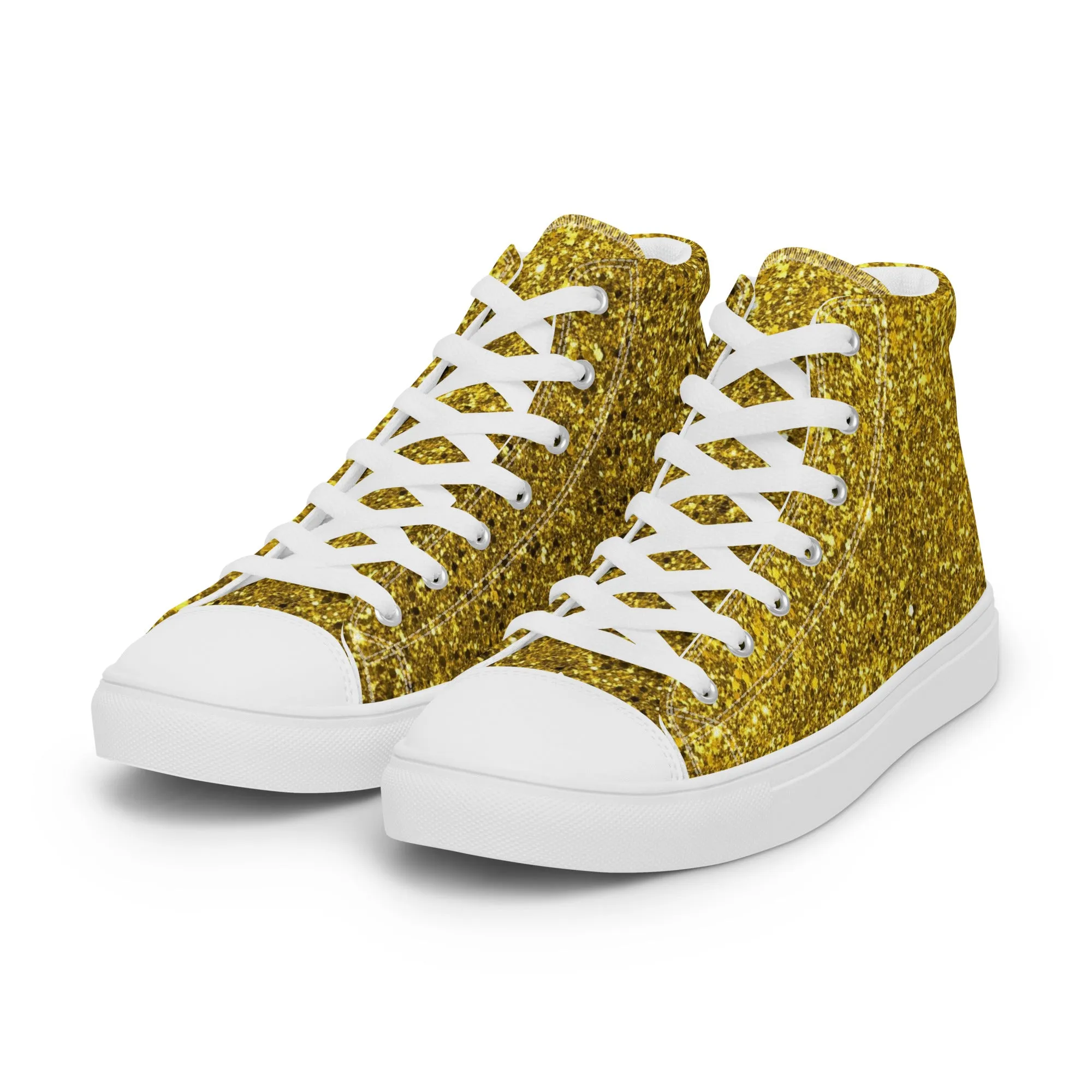 Men’s Gold Glitter Print high top canvas shoes, Gold Glitter Fashion Sneakers, Shoe Lover Gift