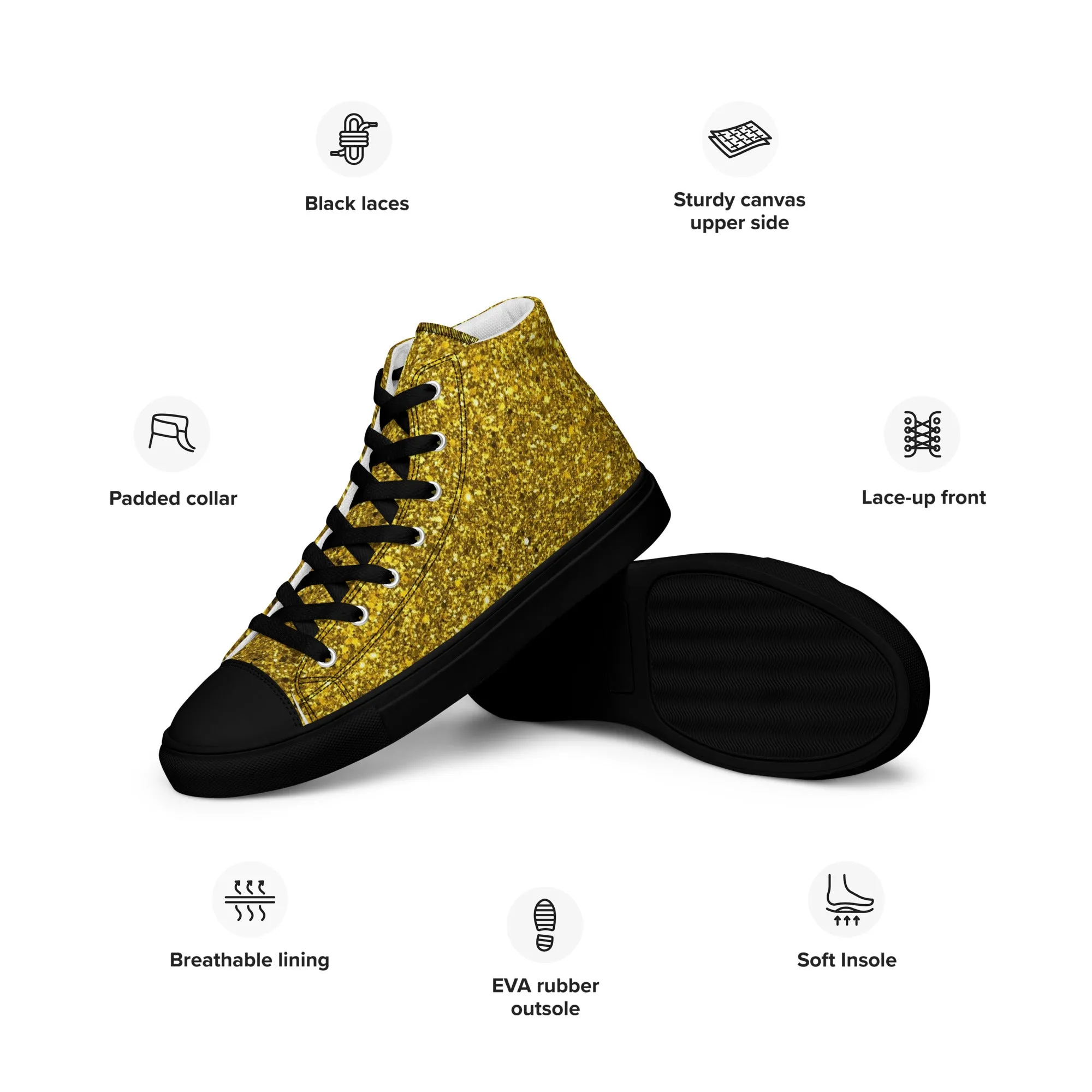 Men’s Gold Glitter Print high top canvas shoes, Gold Glitter Fashion Sneakers, Shoe Lover Gift