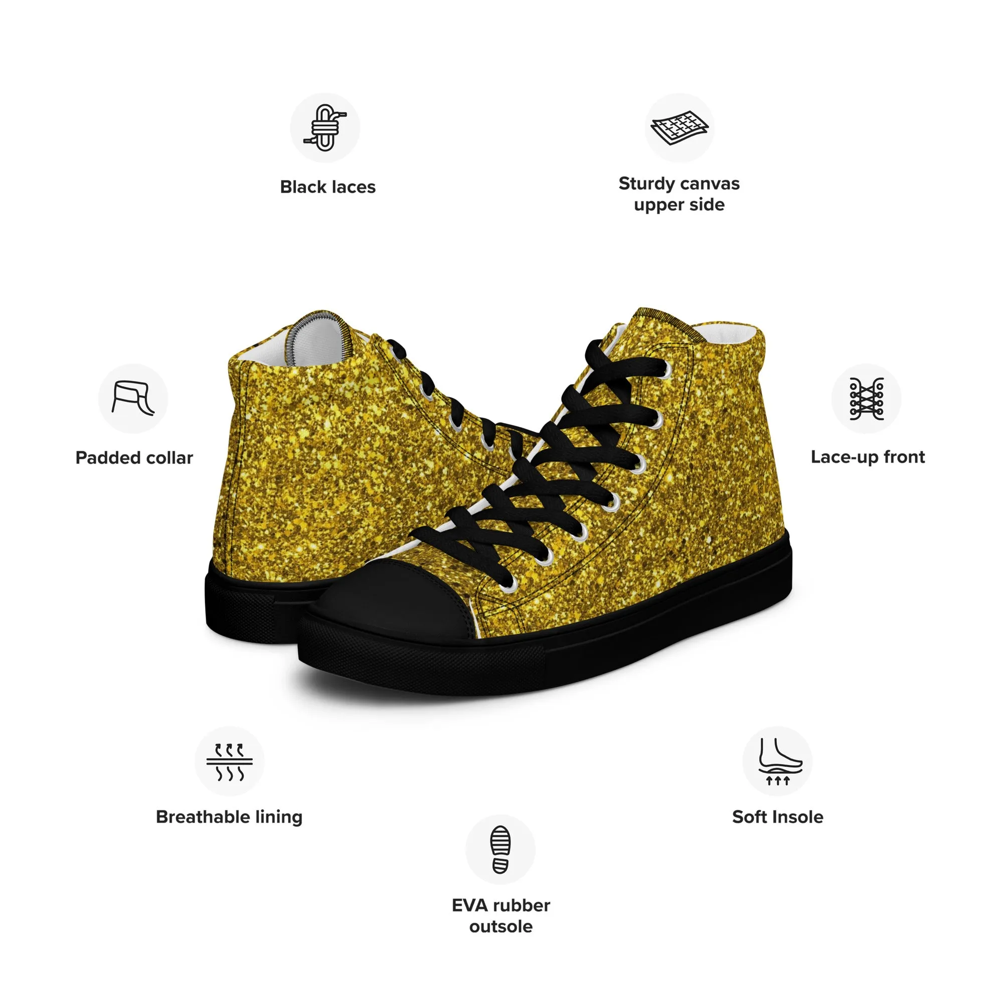 Men’s Gold Glitter Print high top canvas shoes, Gold Glitter Fashion Sneakers, Shoe Lover Gift