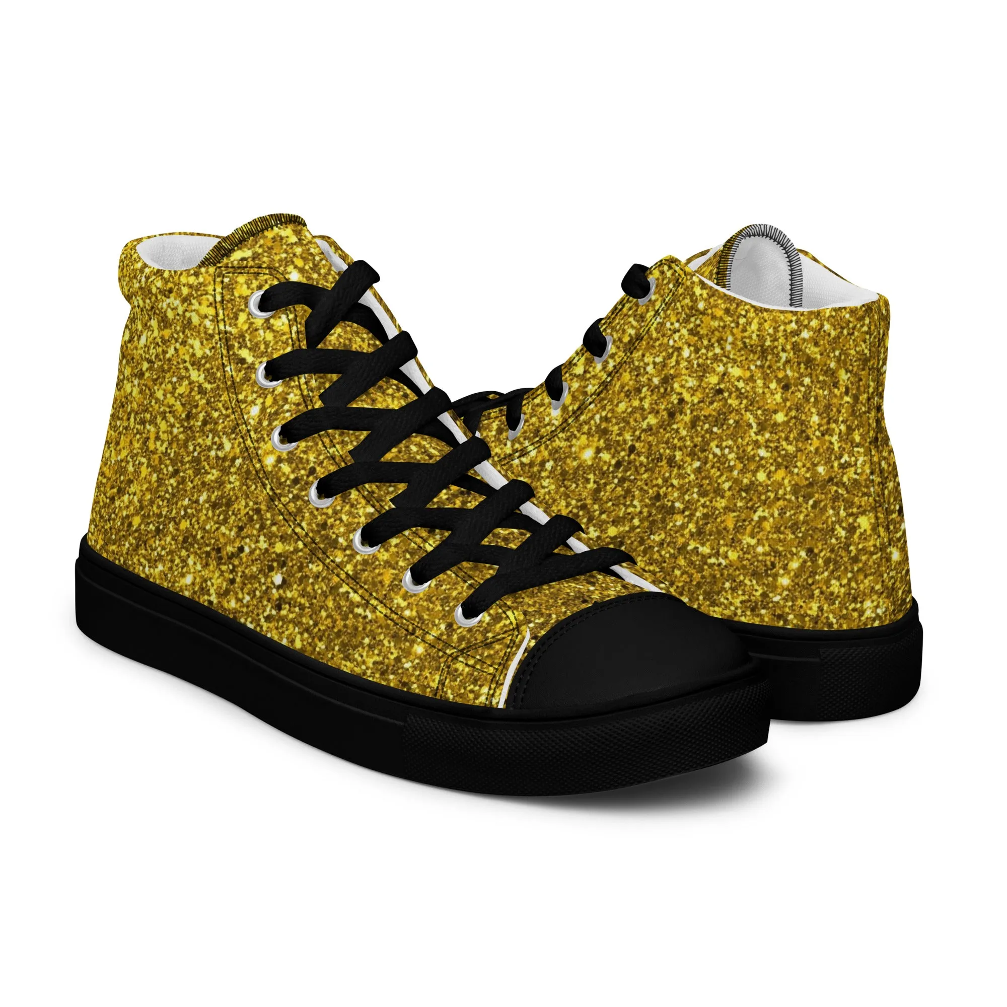 Men’s Gold Glitter Print high top canvas shoes, Gold Glitter Fashion Sneakers, Shoe Lover Gift
