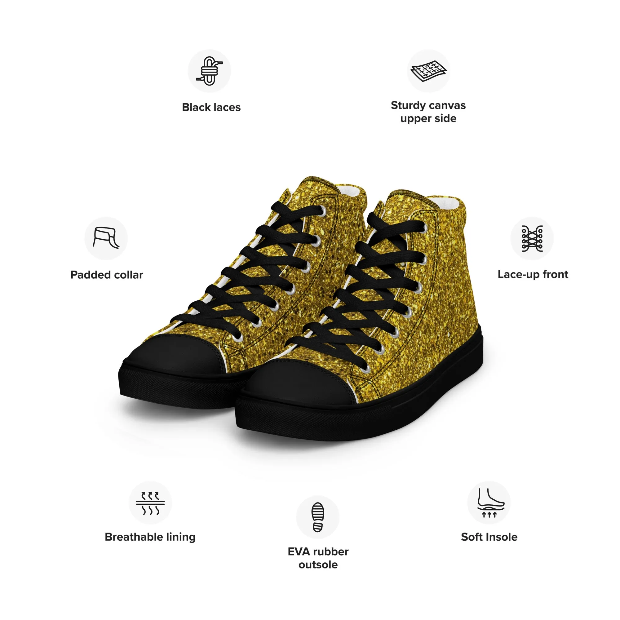 Men’s Gold Glitter Print high top canvas shoes, Gold Glitter Fashion Sneakers, Shoe Lover Gift