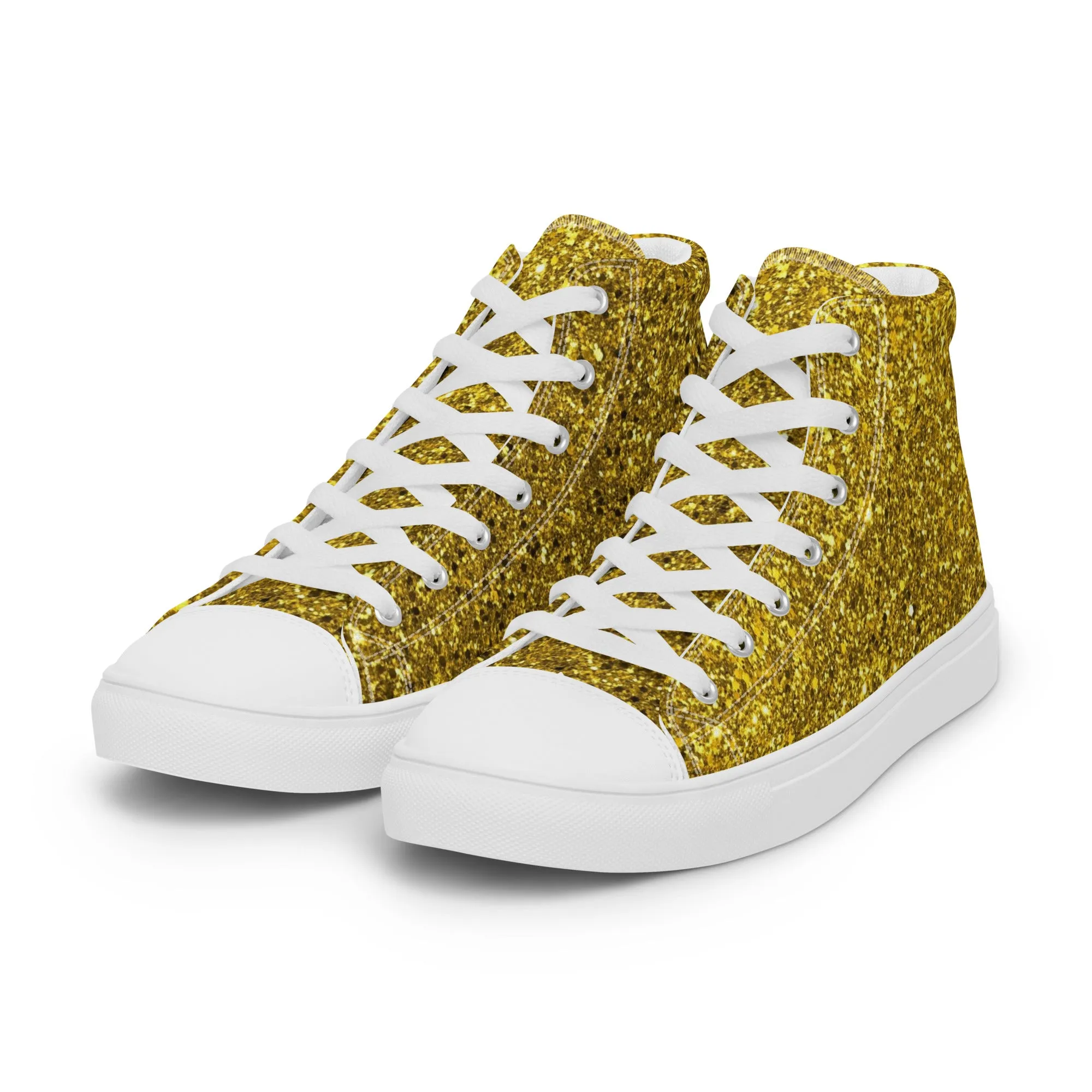 Men’s Gold Glitter Print high top canvas shoes, Gold Glitter Fashion Sneakers, Shoe Lover Gift