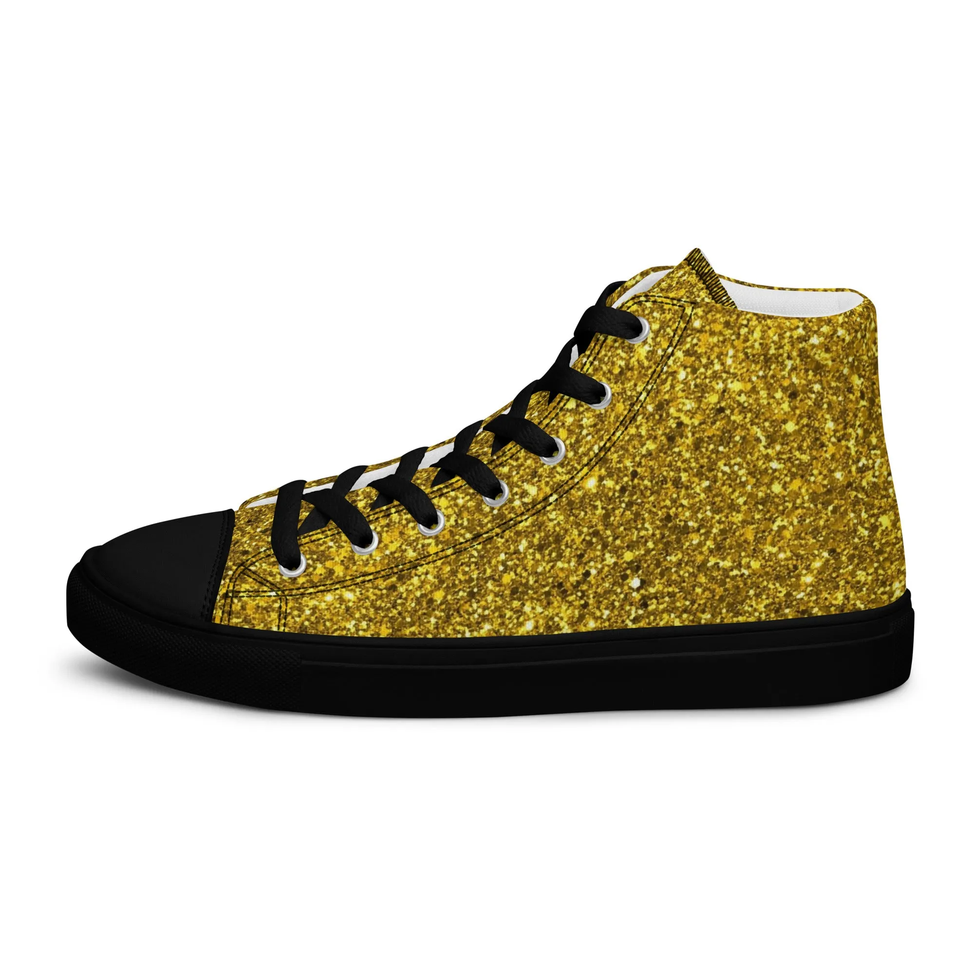 Men’s Gold Glitter Print high top canvas shoes, Gold Glitter Fashion Sneakers, Shoe Lover Gift