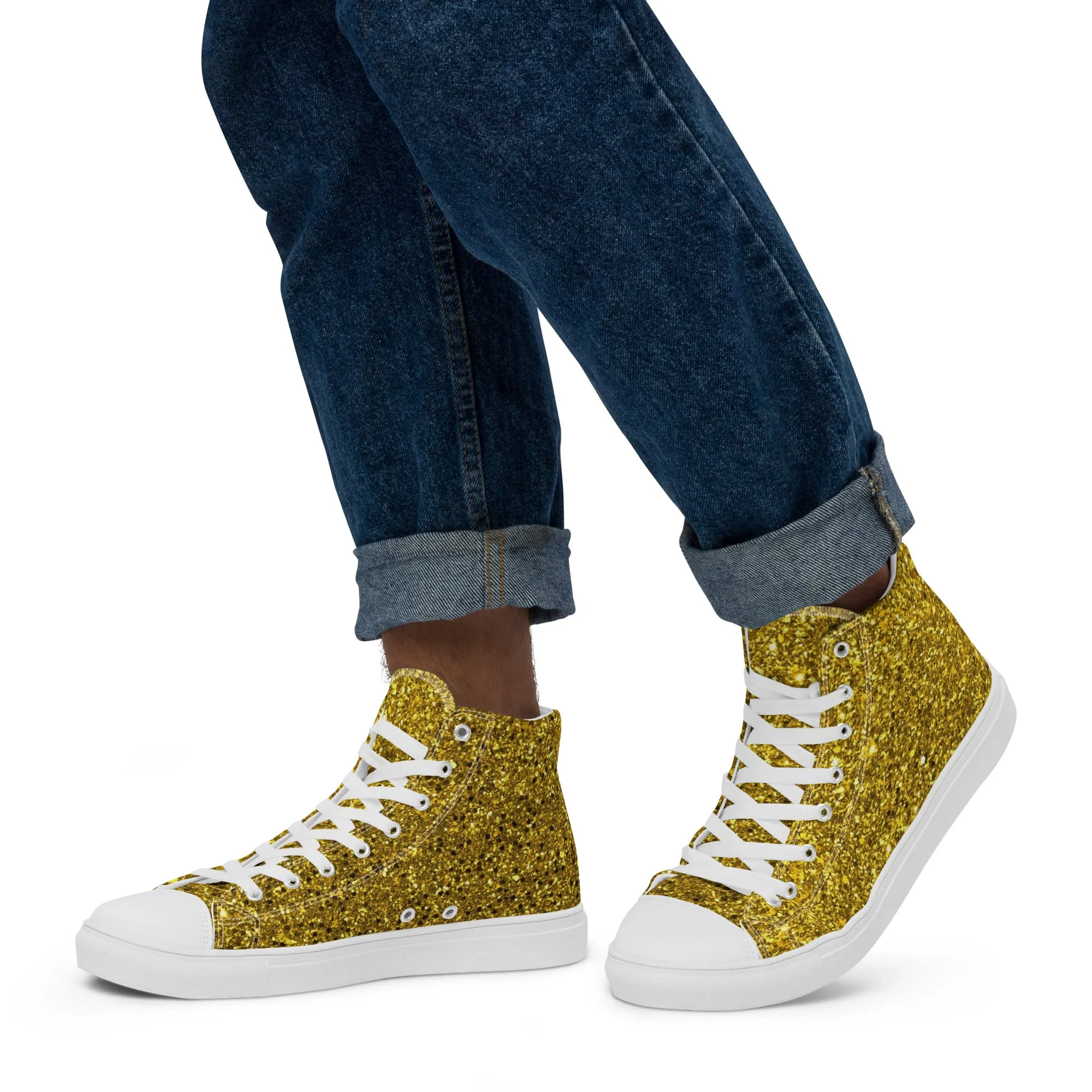 Men’s Gold Glitter Print high top canvas shoes, Gold Glitter Fashion Sneakers, Shoe Lover Gift