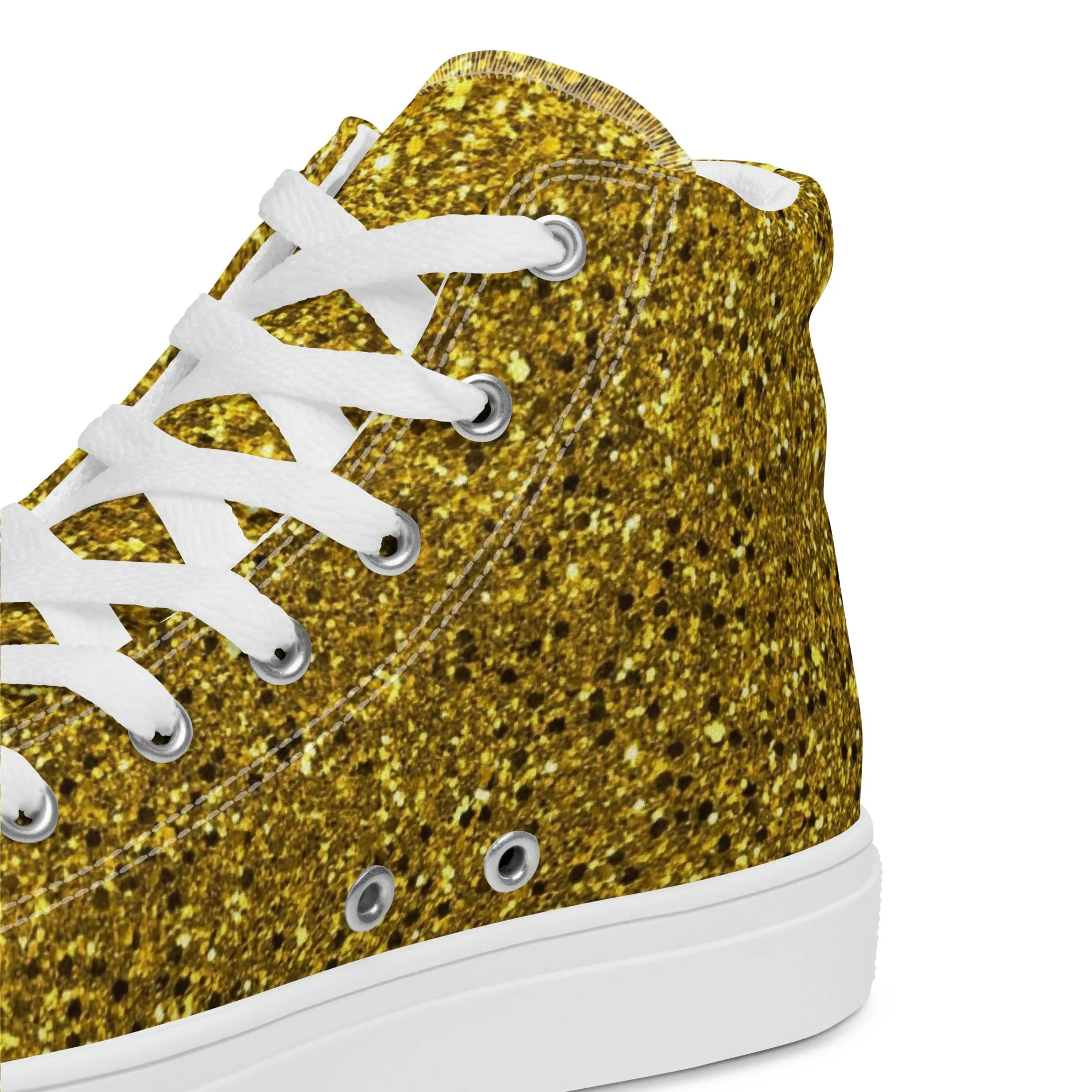Men’s Gold Glitter Print high top canvas shoes, Gold Glitter Fashion Sneakers, Shoe Lover Gift