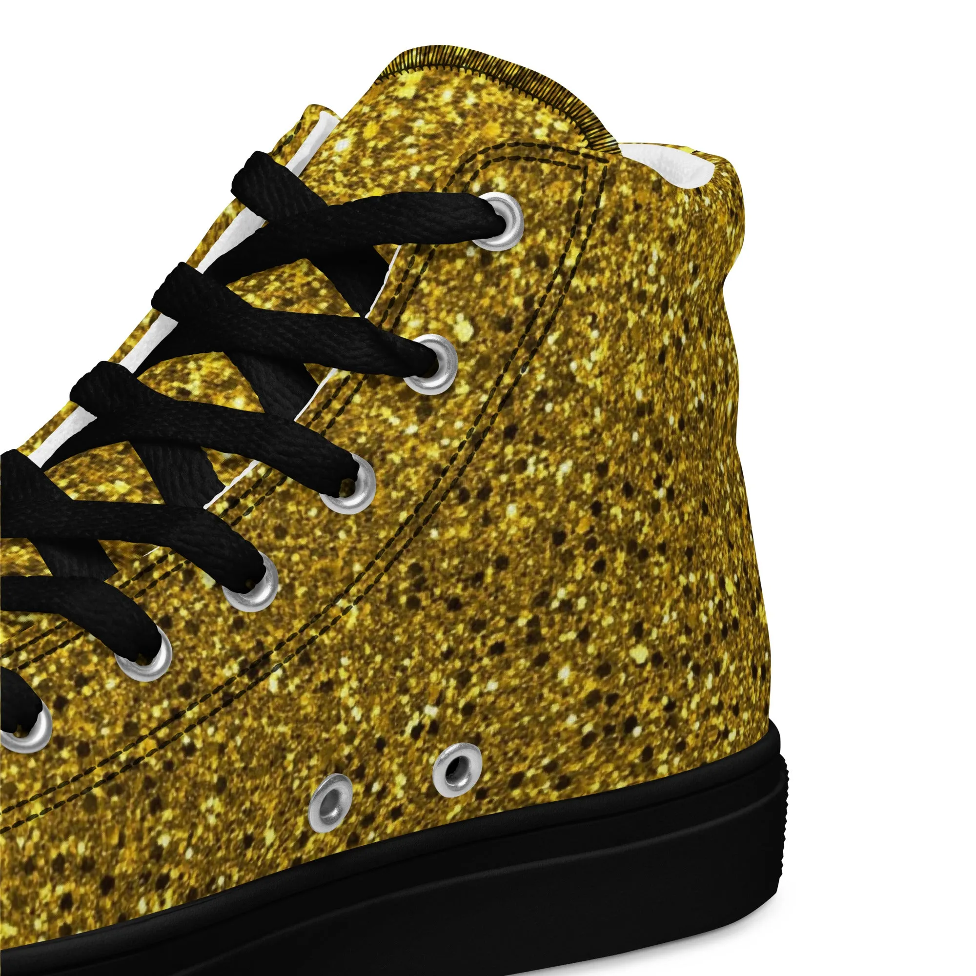 Men’s Gold Glitter Print high top canvas shoes, Gold Glitter Fashion Sneakers, Shoe Lover Gift