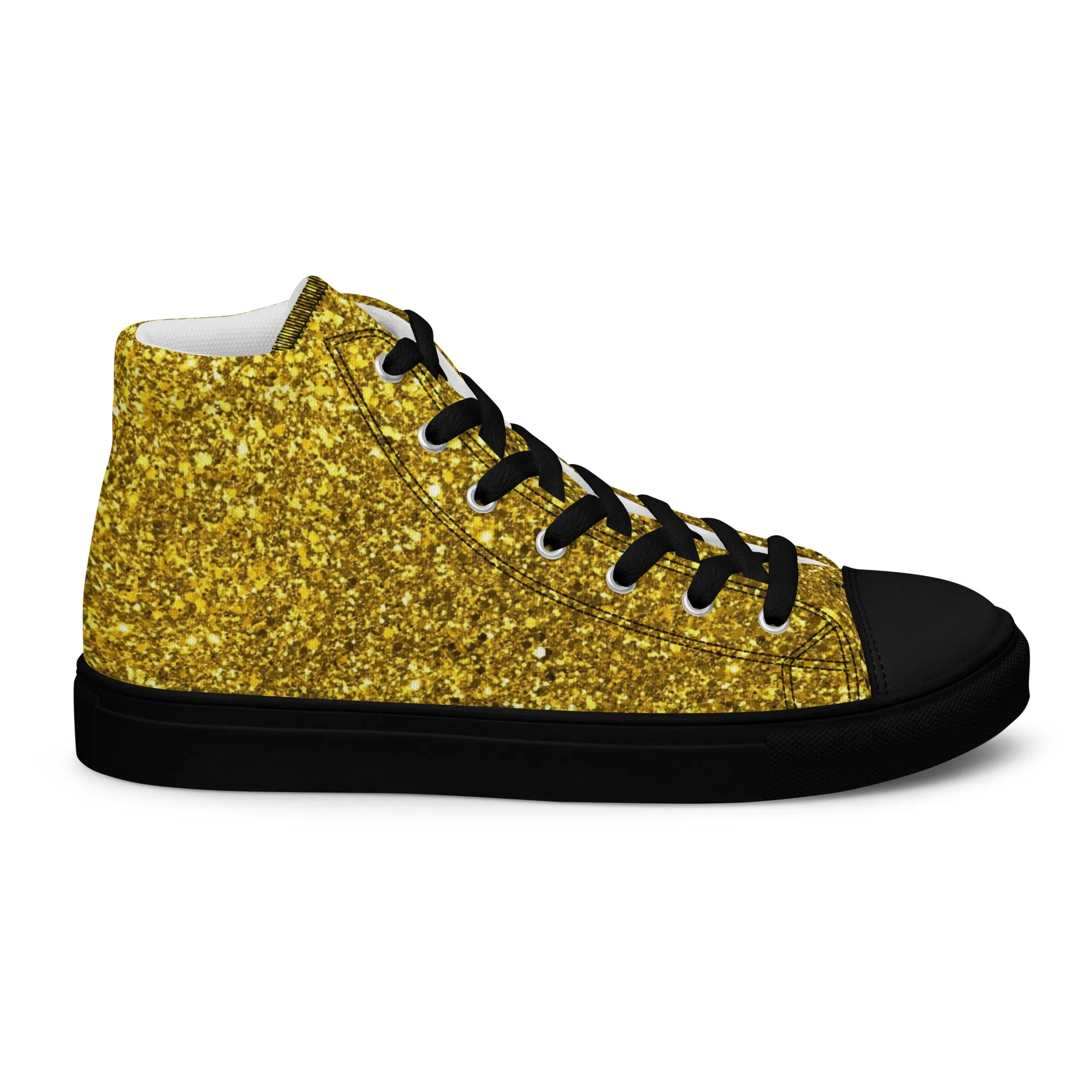 Men’s Gold Glitter Print high top canvas shoes, Gold Glitter Fashion Sneakers, Shoe Lover Gift