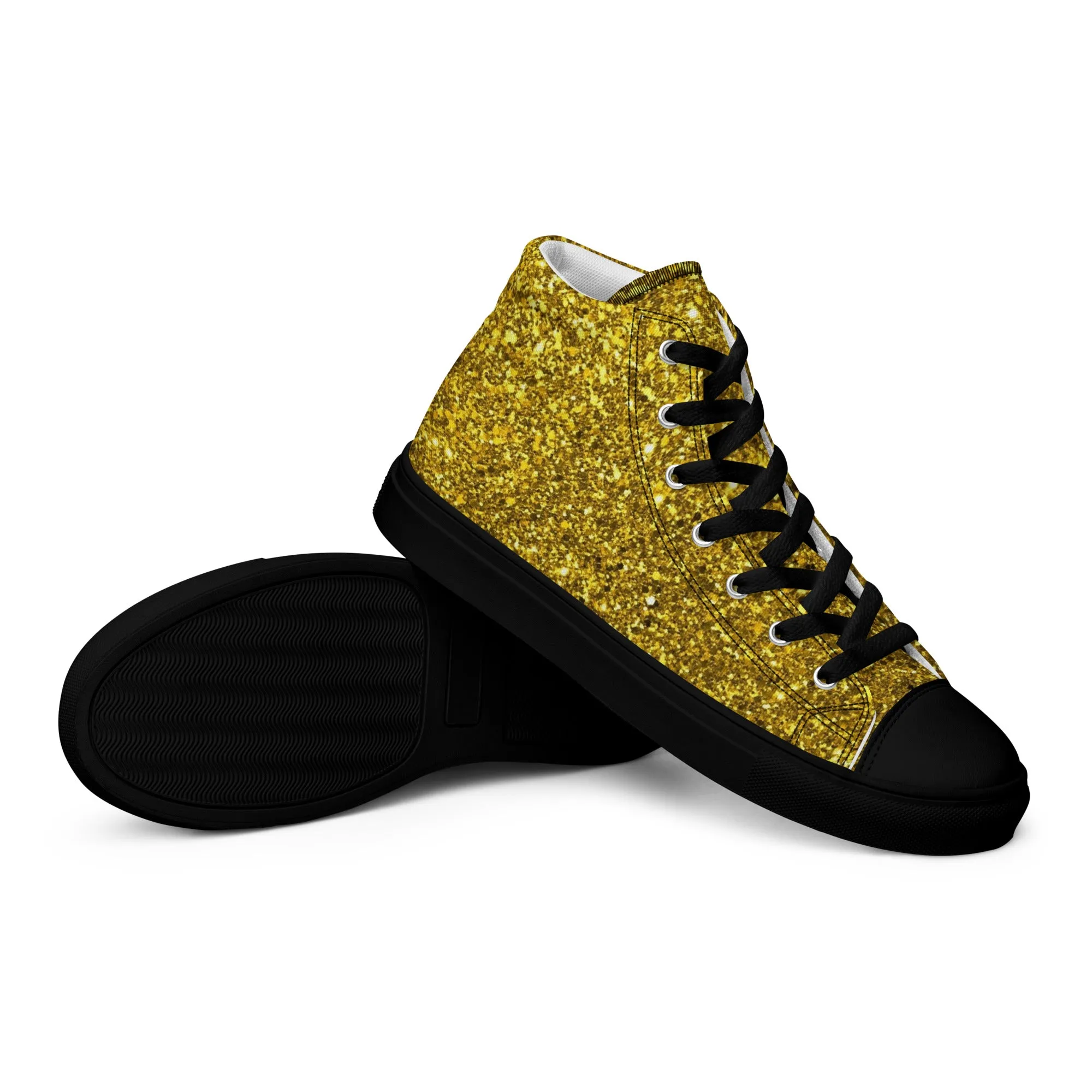 Men’s Gold Glitter Print high top canvas shoes, Gold Glitter Fashion Sneakers, Shoe Lover Gift