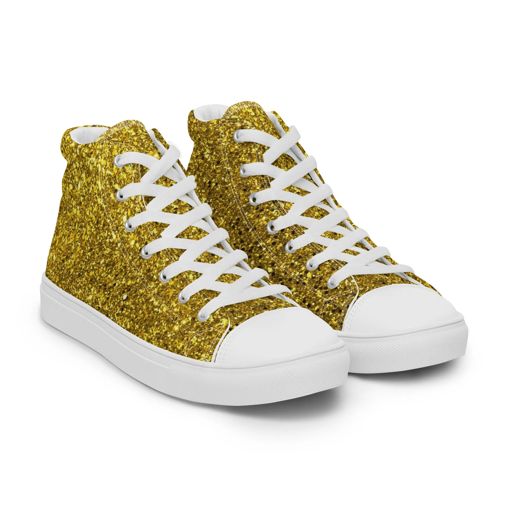 Men’s Gold Glitter Print high top canvas shoes, Gold Glitter Fashion Sneakers, Shoe Lover Gift