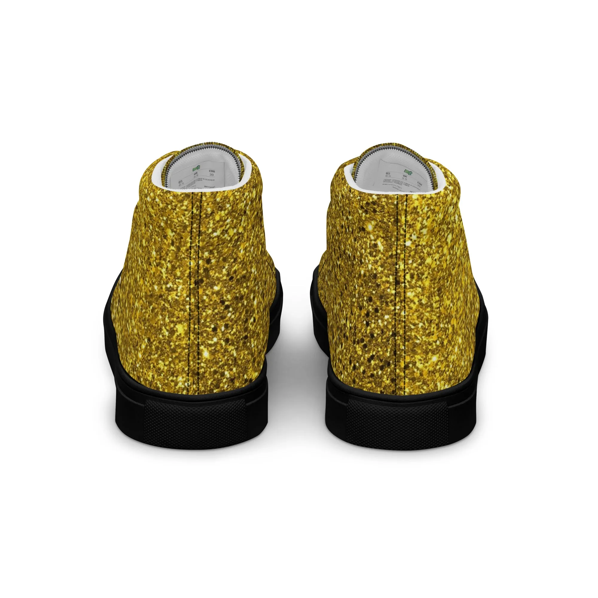 Men’s Gold Glitter Print high top canvas shoes, Gold Glitter Fashion Sneakers, Shoe Lover Gift