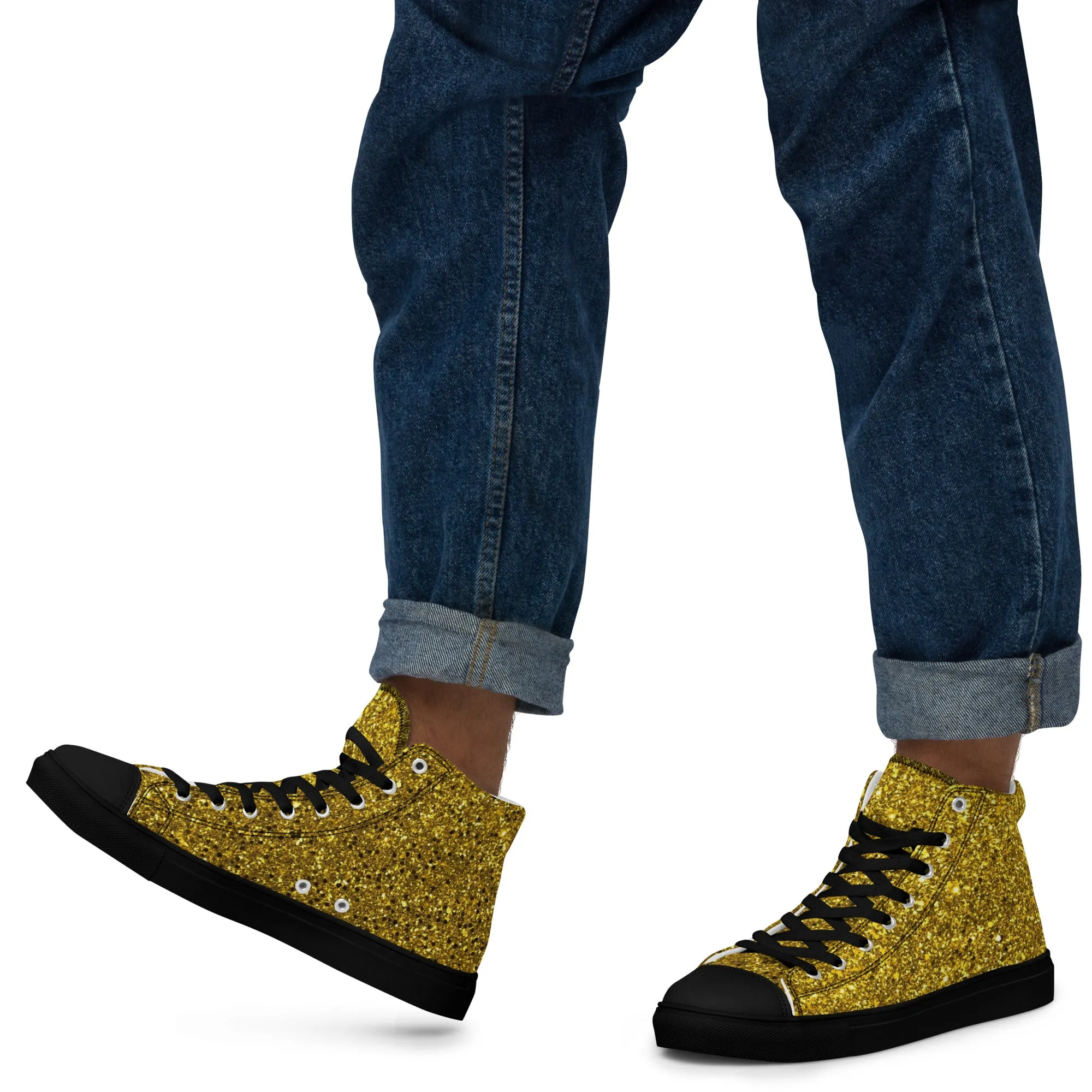 Men’s Gold Glitter Print high top canvas shoes, Gold Glitter Fashion Sneakers, Shoe Lover Gift
