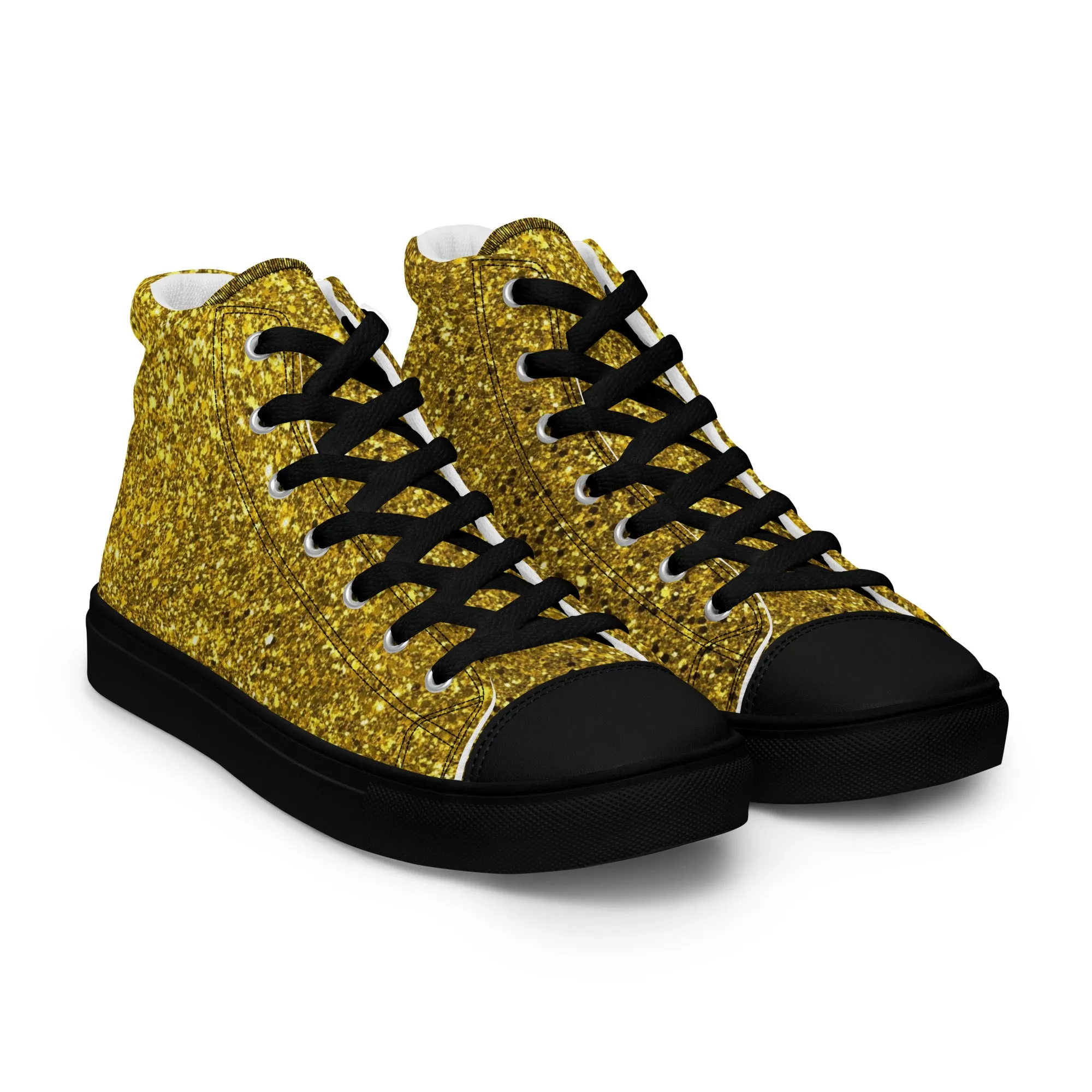 Men’s Gold Glitter Print high top canvas shoes, Gold Glitter Fashion Sneakers, Shoe Lover Gift