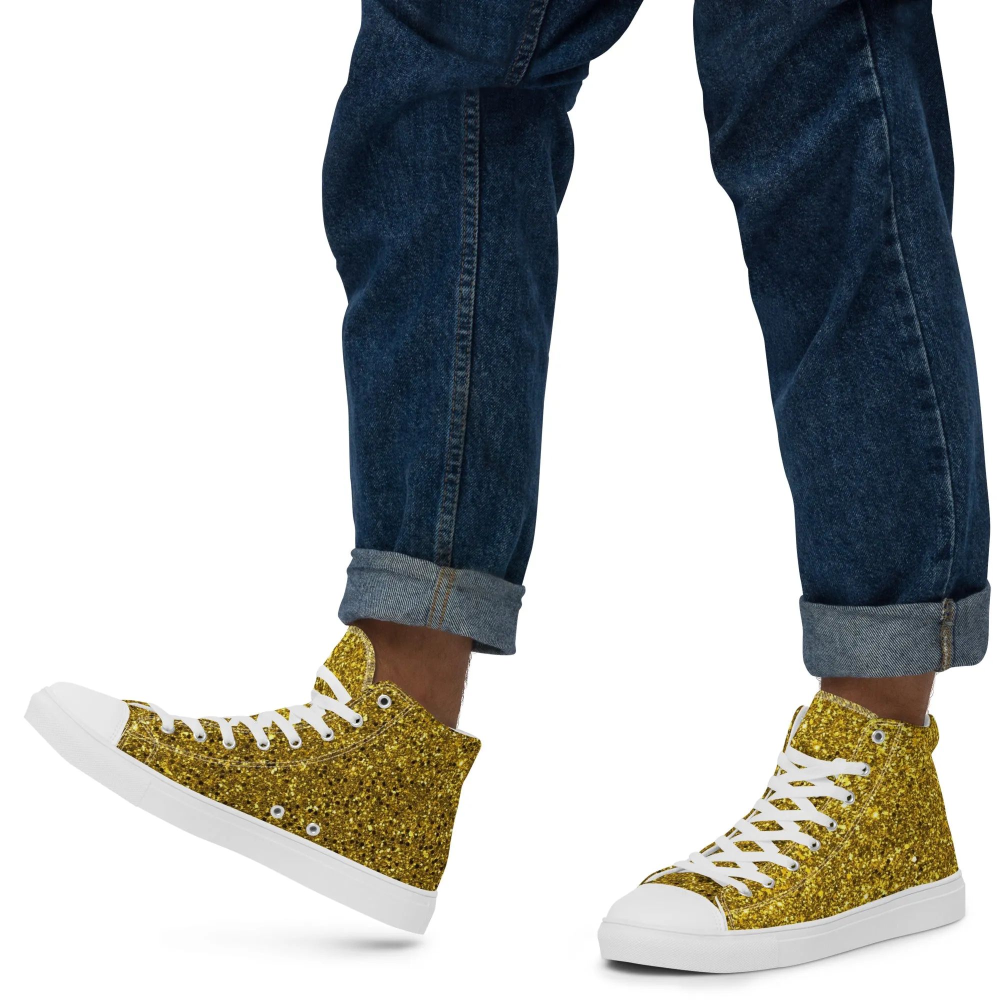Men’s Gold Glitter Print high top canvas shoes, Gold Glitter Fashion Sneakers, Shoe Lover Gift