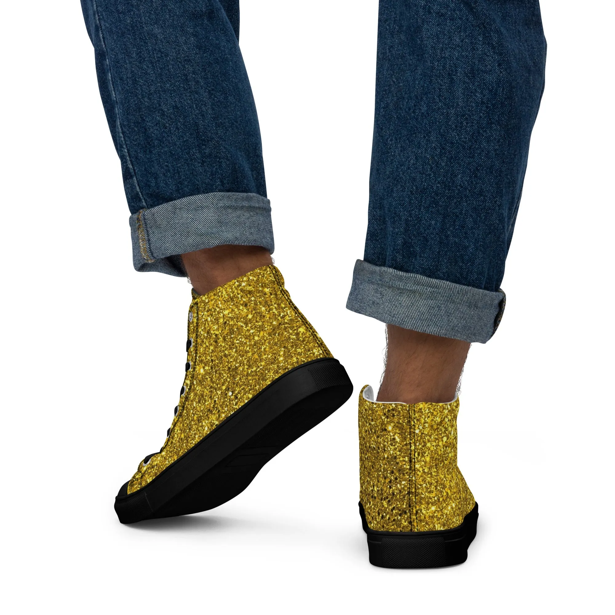 Men’s Gold Glitter Print high top canvas shoes, Gold Glitter Fashion Sneakers, Shoe Lover Gift