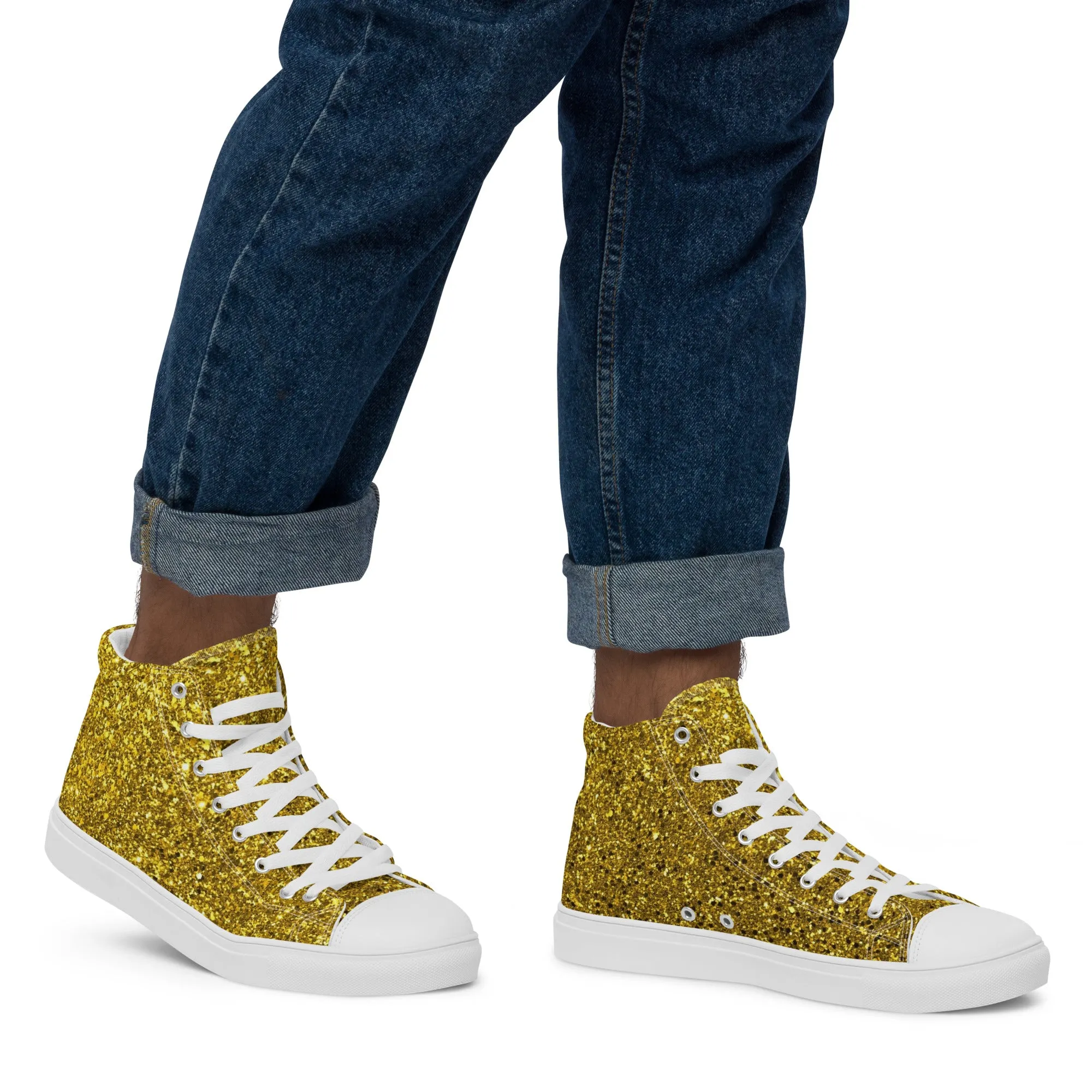 Men’s Gold Glitter Print high top canvas shoes, Gold Glitter Fashion Sneakers, Shoe Lover Gift