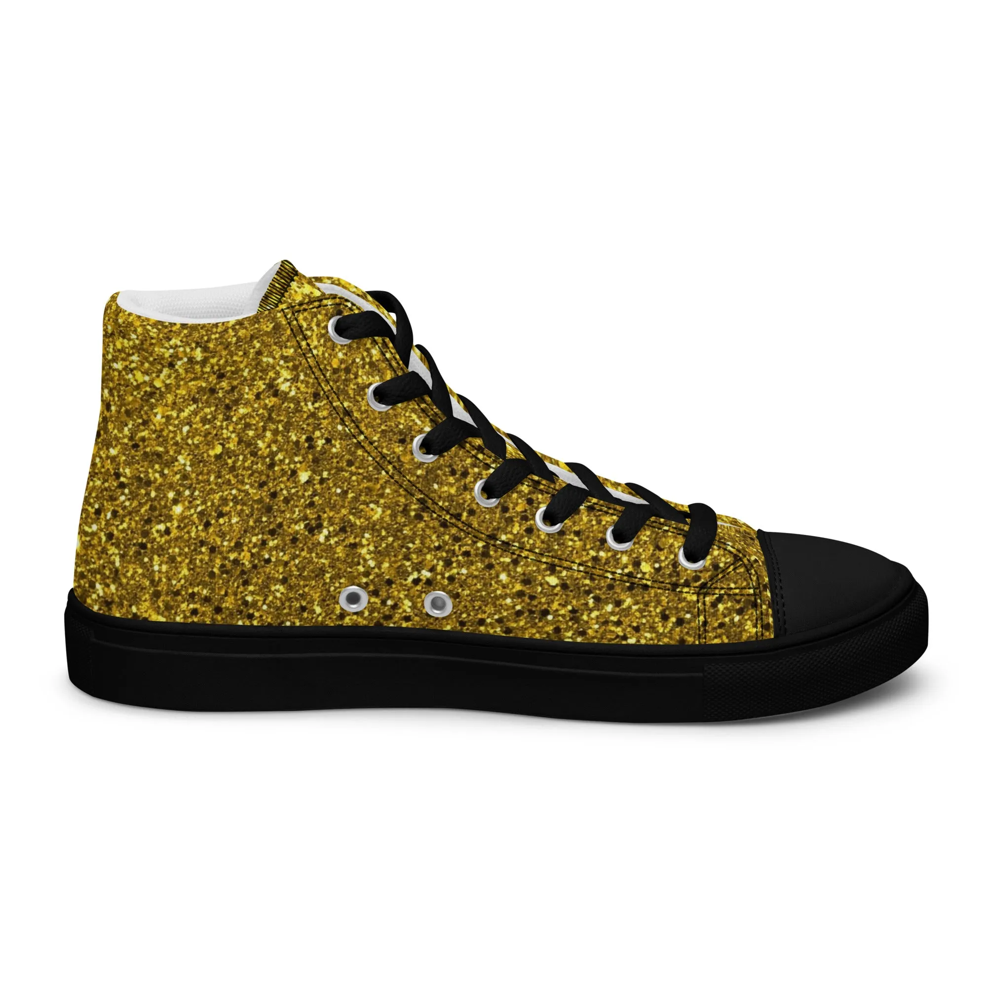 Men’s Gold Glitter Print high top canvas shoes, Gold Glitter Fashion Sneakers, Shoe Lover Gift