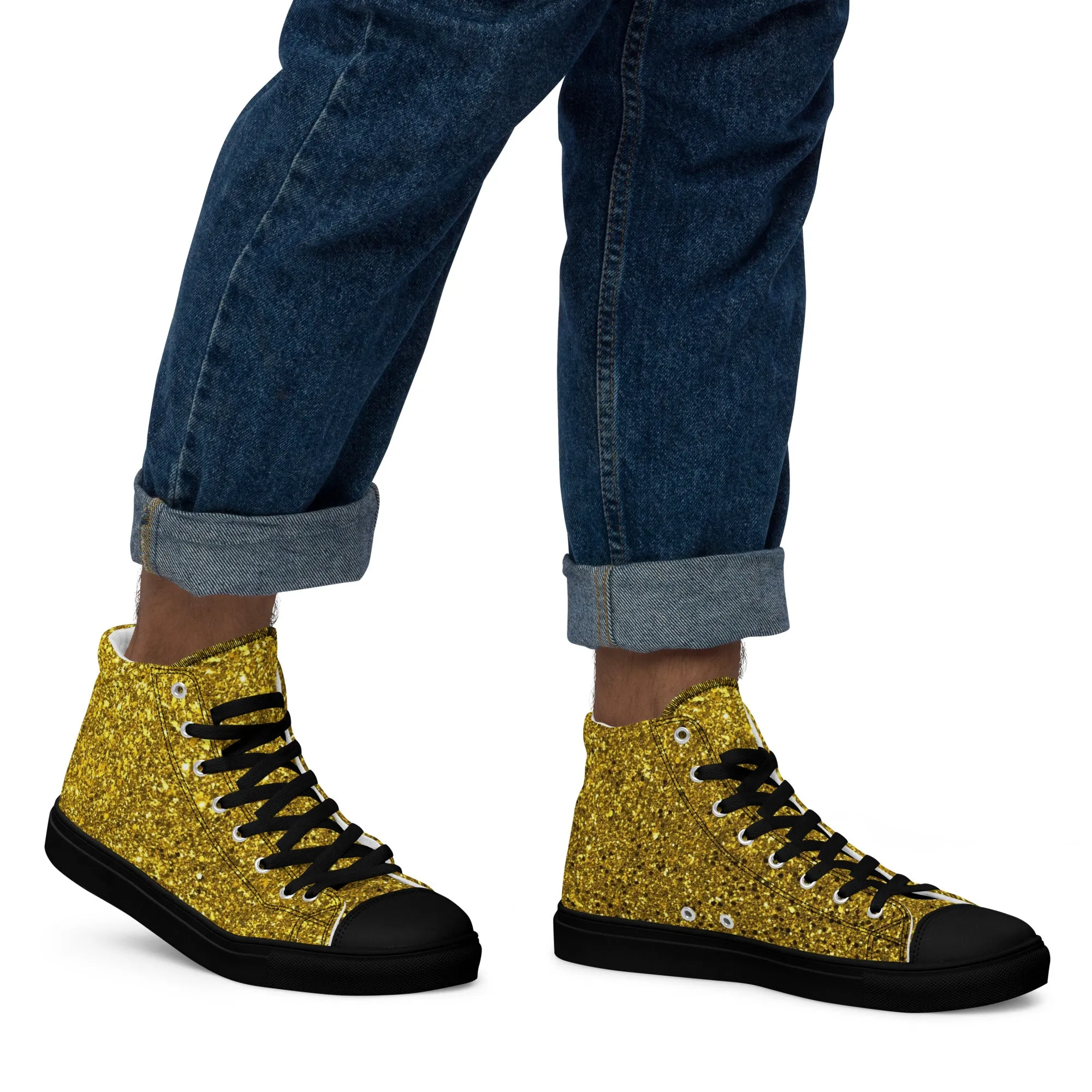 Men’s Gold Glitter Print high top canvas shoes, Gold Glitter Fashion Sneakers, Shoe Lover Gift