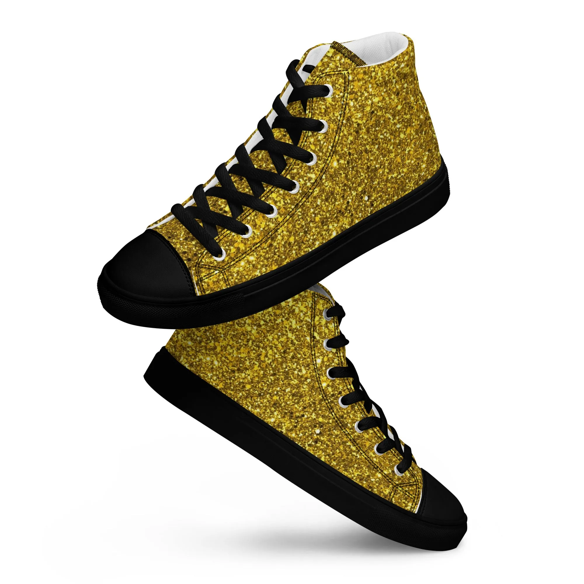 Men’s Gold Glitter Print high top canvas shoes, Gold Glitter Fashion Sneakers, Shoe Lover Gift