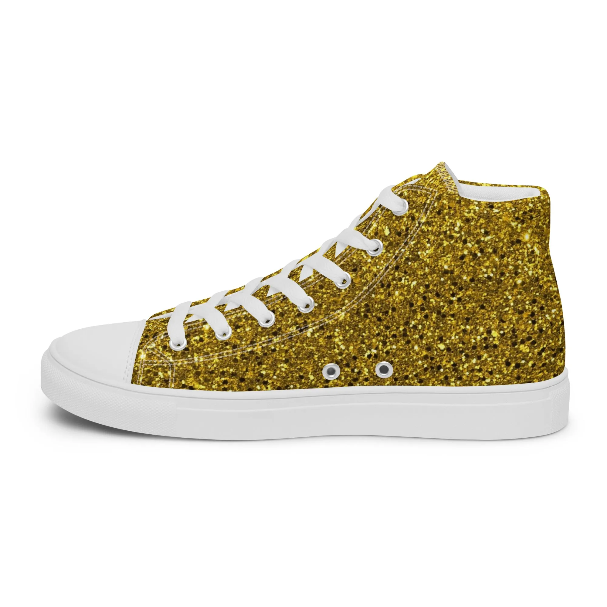 Men’s Gold Glitter Print high top canvas shoes, Gold Glitter Fashion Sneakers, Shoe Lover Gift