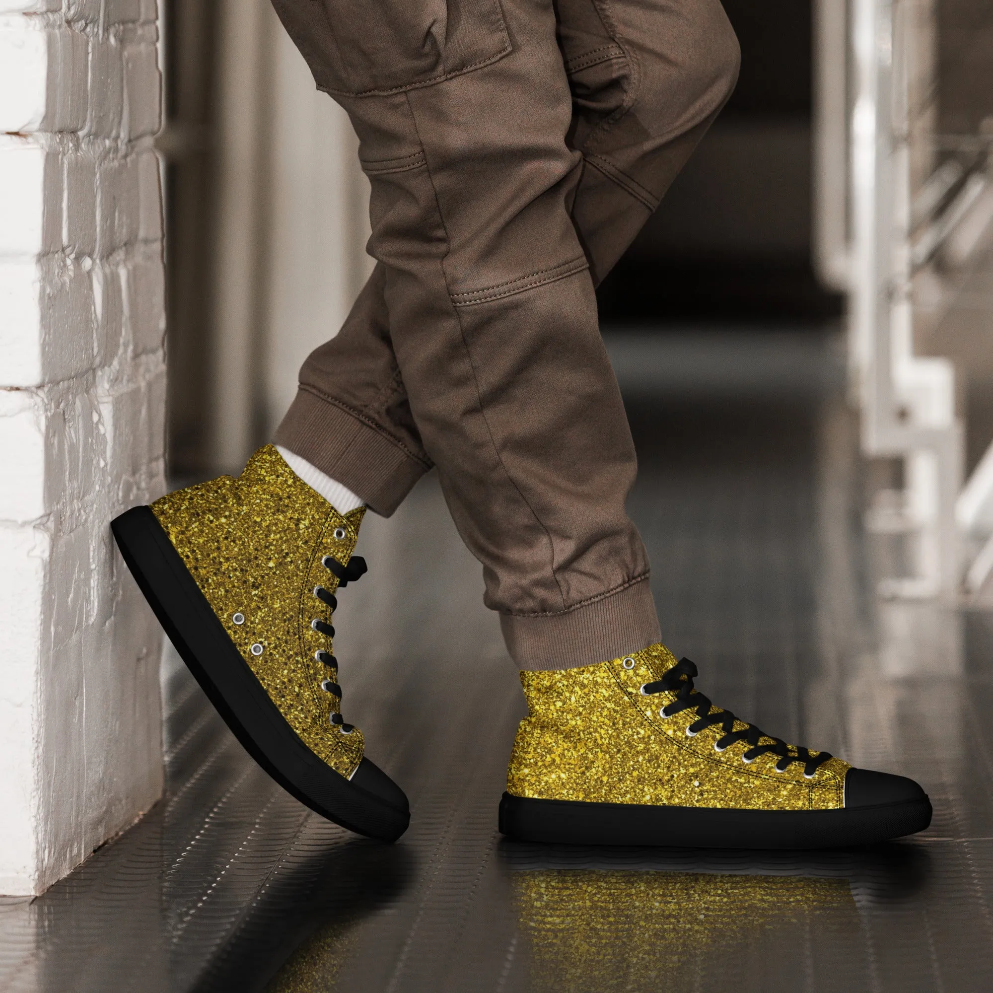 Men’s Gold Glitter Print high top canvas shoes, Gold Glitter Fashion Sneakers, Shoe Lover Gift
