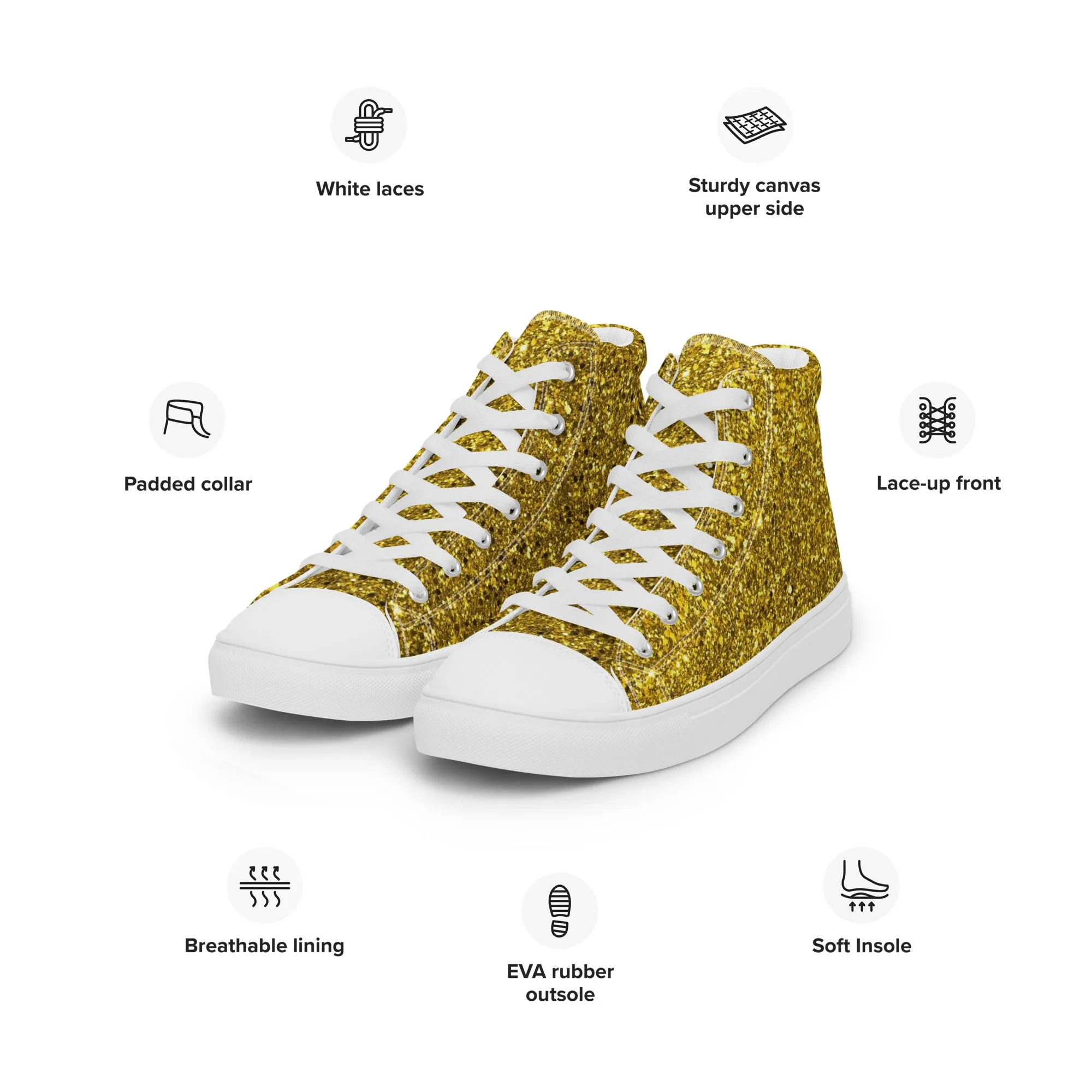 Men’s Gold Glitter Print high top canvas shoes, Gold Glitter Fashion Sneakers, Shoe Lover Gift