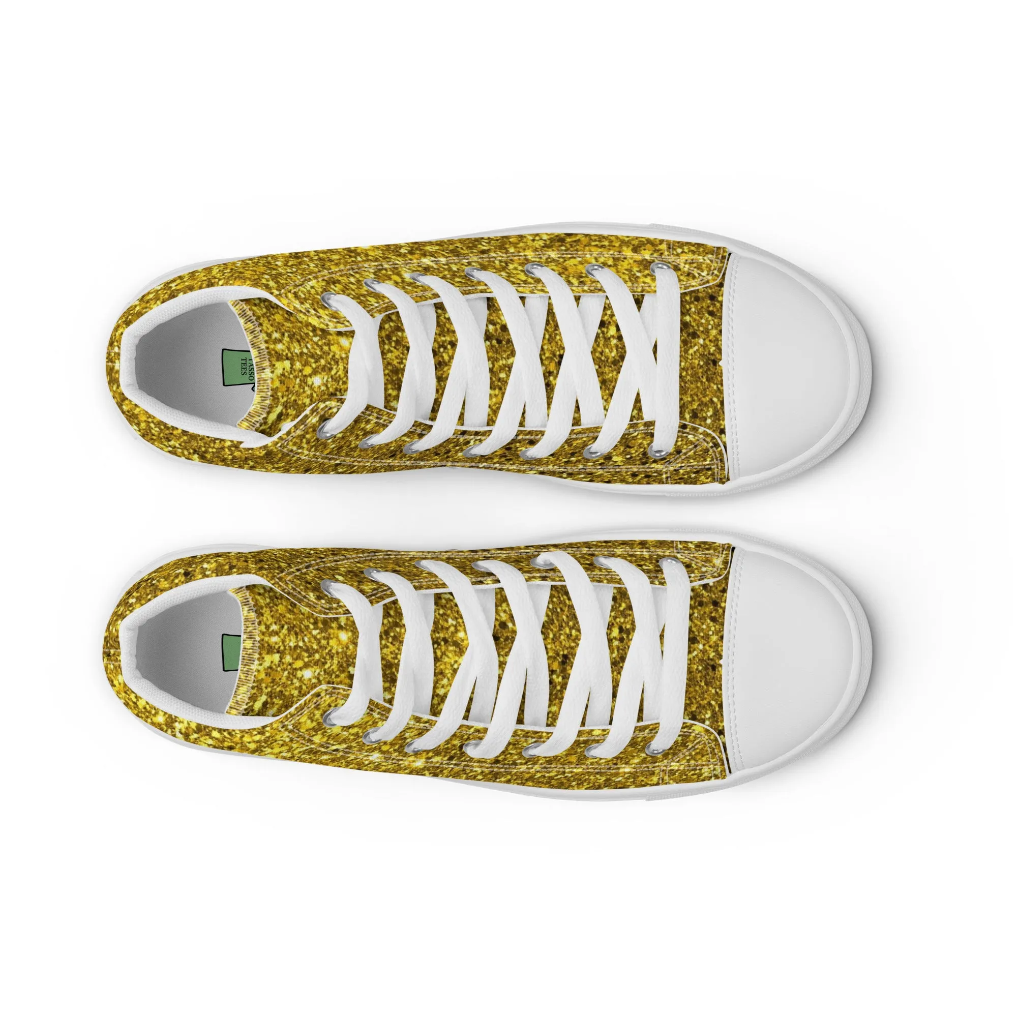 Men’s Gold Glitter Print high top canvas shoes, Gold Glitter Fashion Sneakers, Shoe Lover Gift