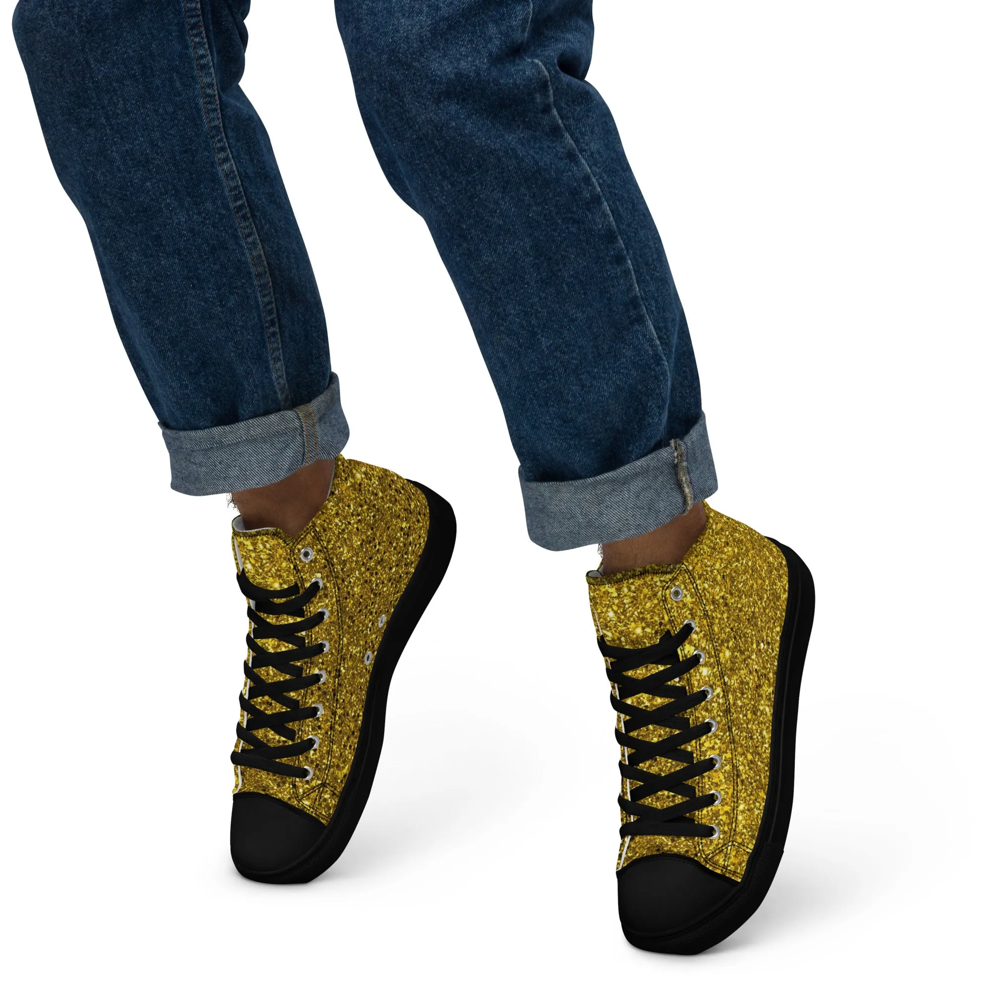 Men’s Gold Glitter Print high top canvas shoes, Gold Glitter Fashion Sneakers, Shoe Lover Gift