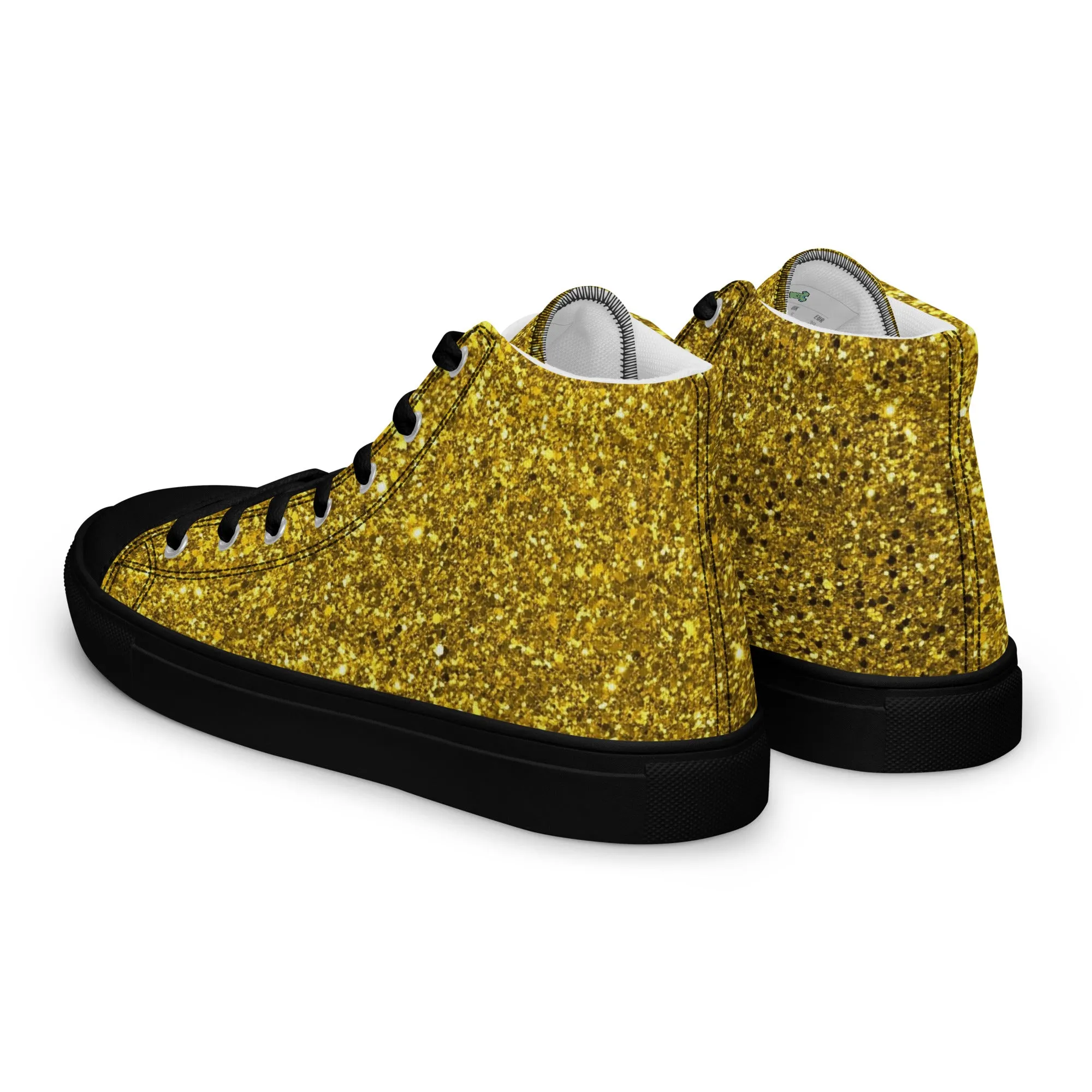 Men’s Gold Glitter Print high top canvas shoes, Gold Glitter Fashion Sneakers, Shoe Lover Gift