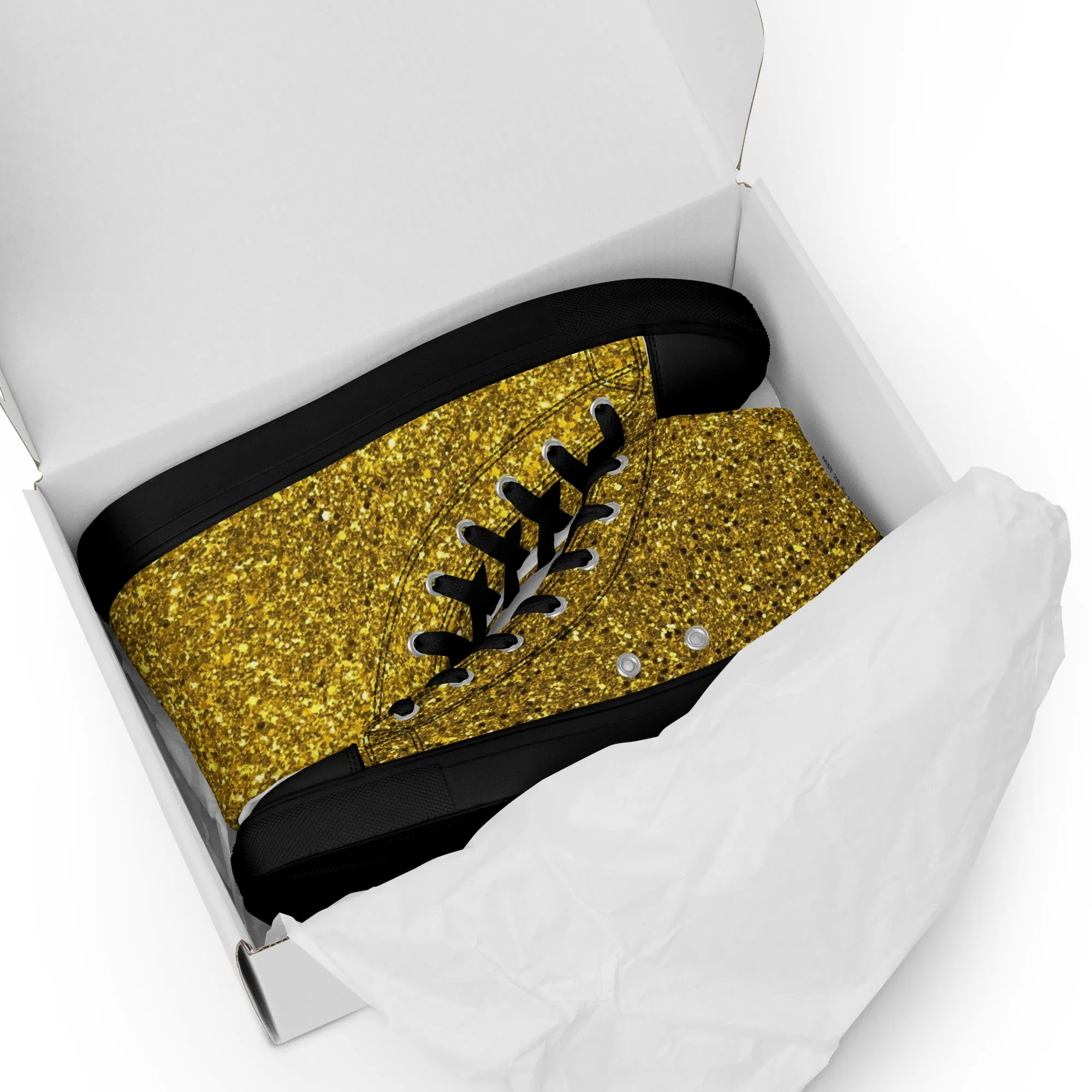 Men’s Gold Glitter Print high top canvas shoes, Gold Glitter Fashion Sneakers, Shoe Lover Gift