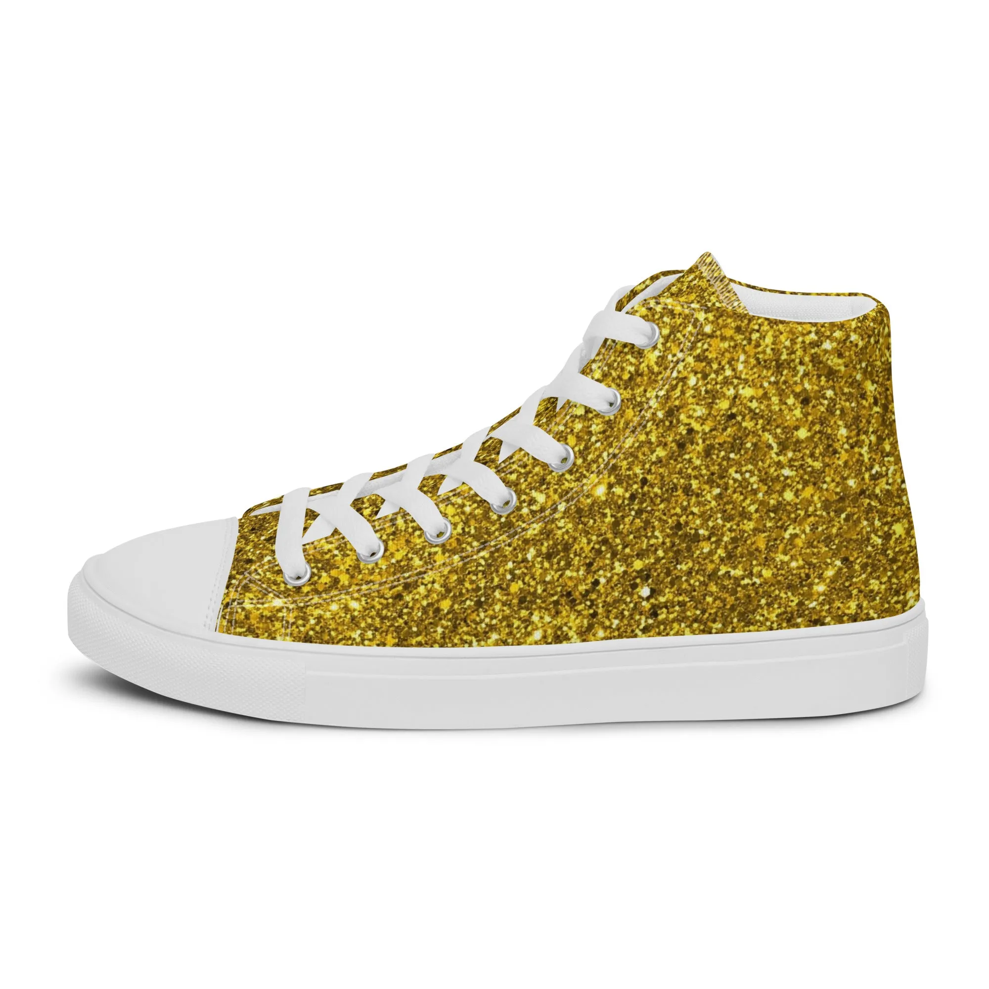 Men’s Gold Glitter Print high top canvas shoes, Gold Glitter Fashion Sneakers, Shoe Lover Gift