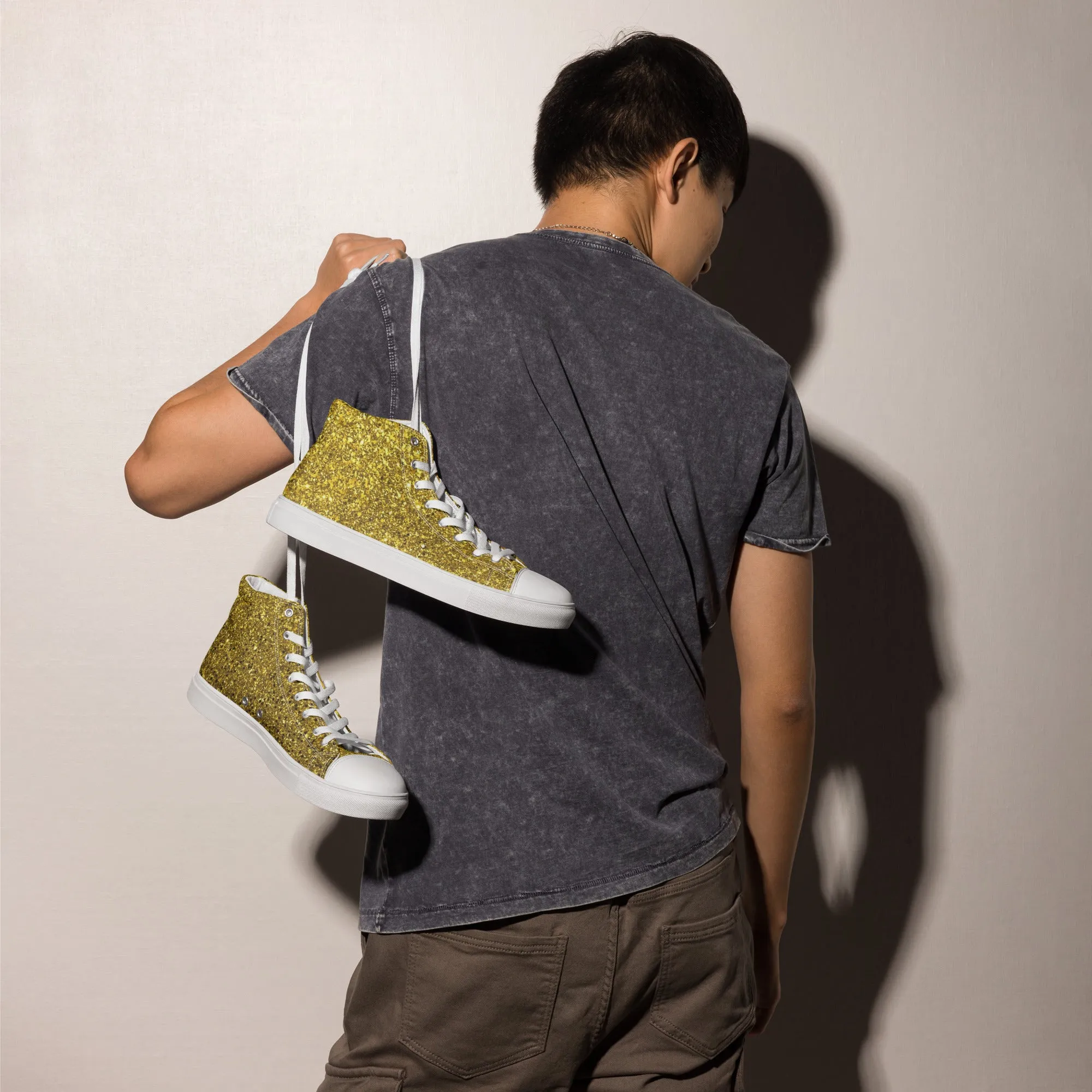 Men’s Gold Glitter Print high top canvas shoes, Gold Glitter Fashion Sneakers, Shoe Lover Gift