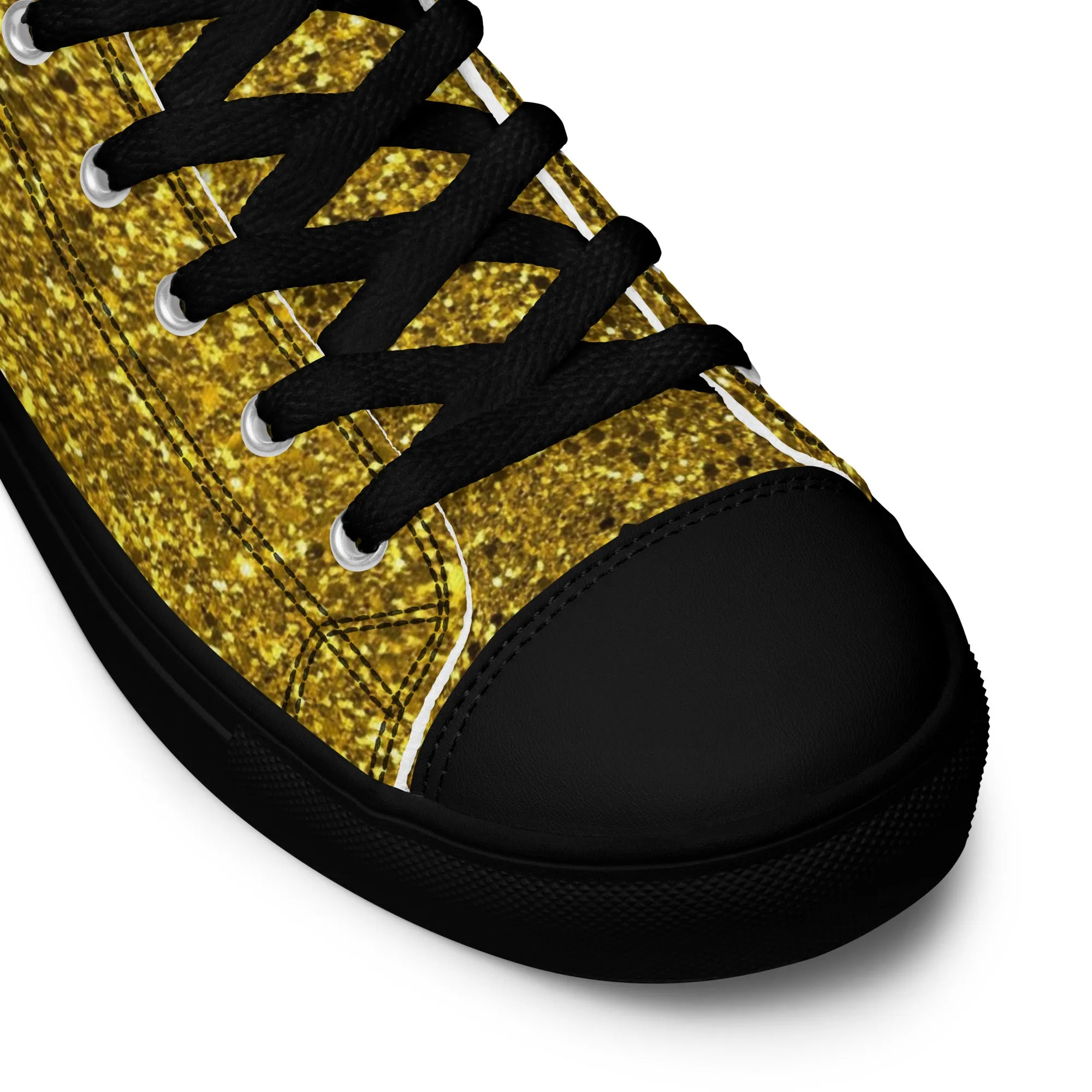 Men’s Gold Glitter Print high top canvas shoes, Gold Glitter Fashion Sneakers, Shoe Lover Gift