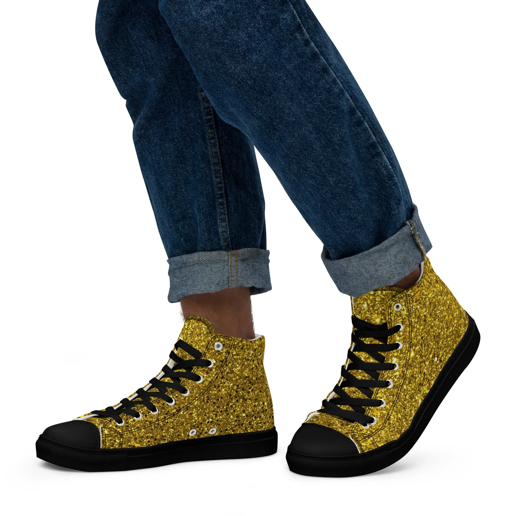 Men’s Gold Glitter Print high top canvas shoes, Gold Glitter Fashion Sneakers, Shoe Lover Gift