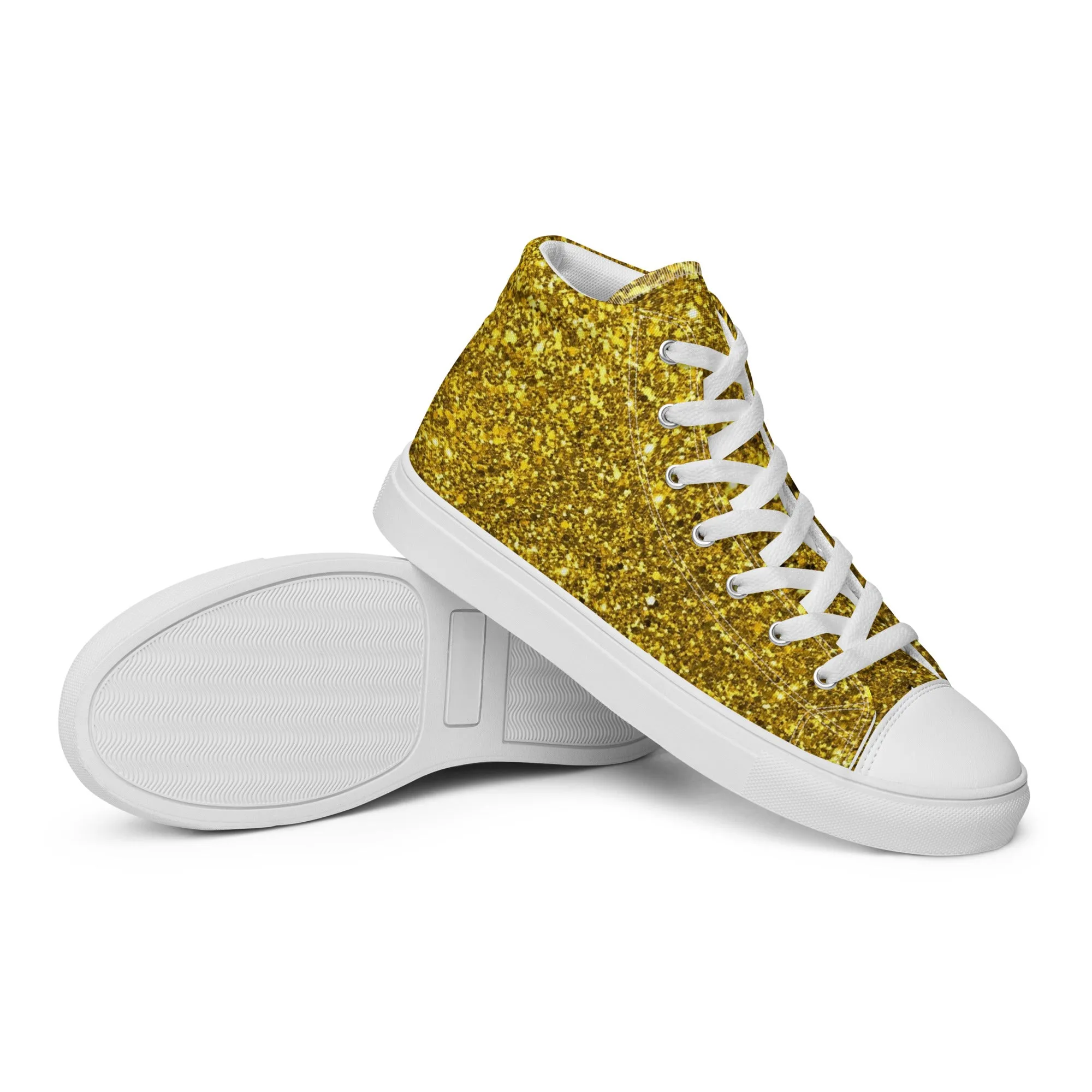 Men’s Gold Glitter Print high top canvas shoes, Gold Glitter Fashion Sneakers, Shoe Lover Gift