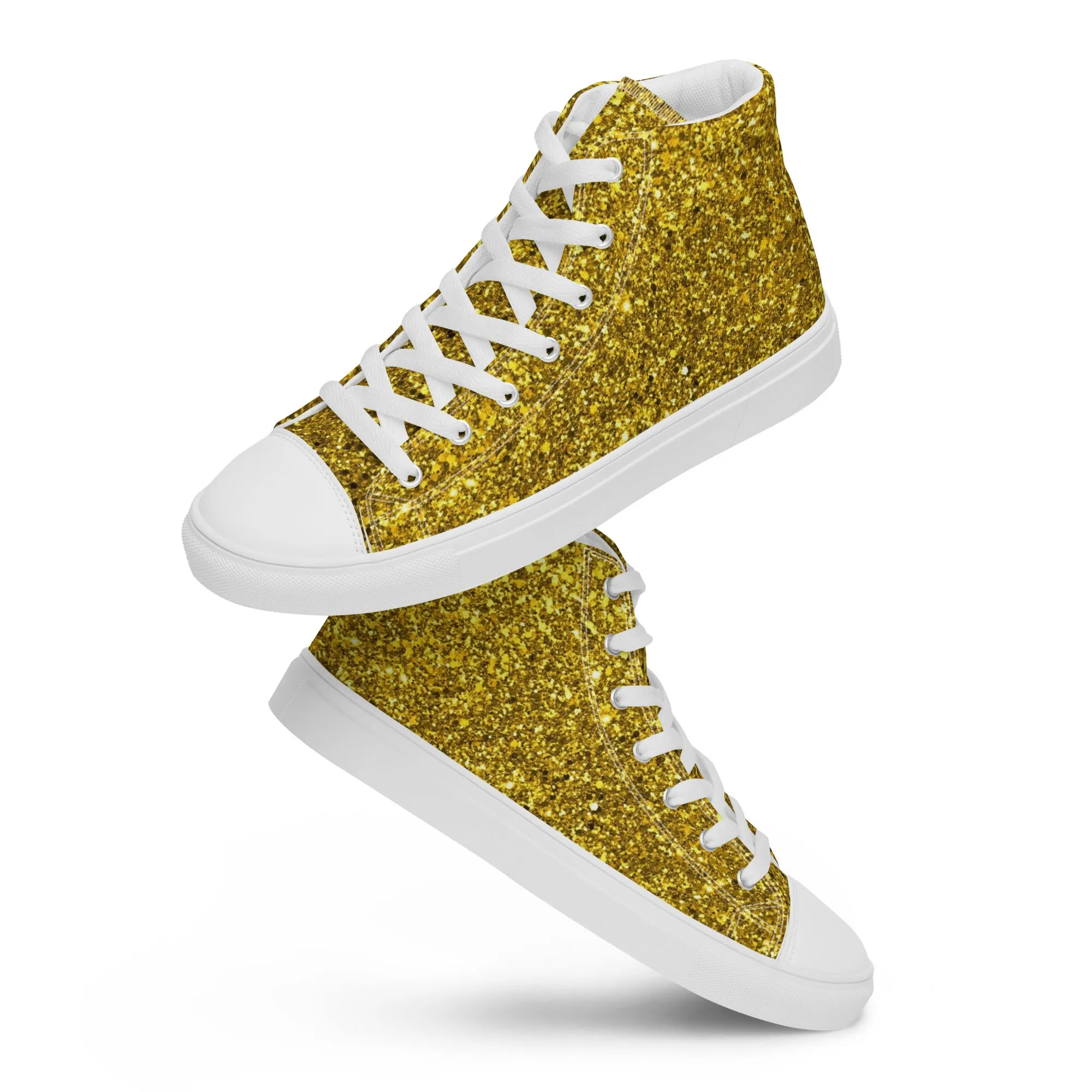 Men’s Gold Glitter Print high top canvas shoes, Gold Glitter Fashion Sneakers, Shoe Lover Gift