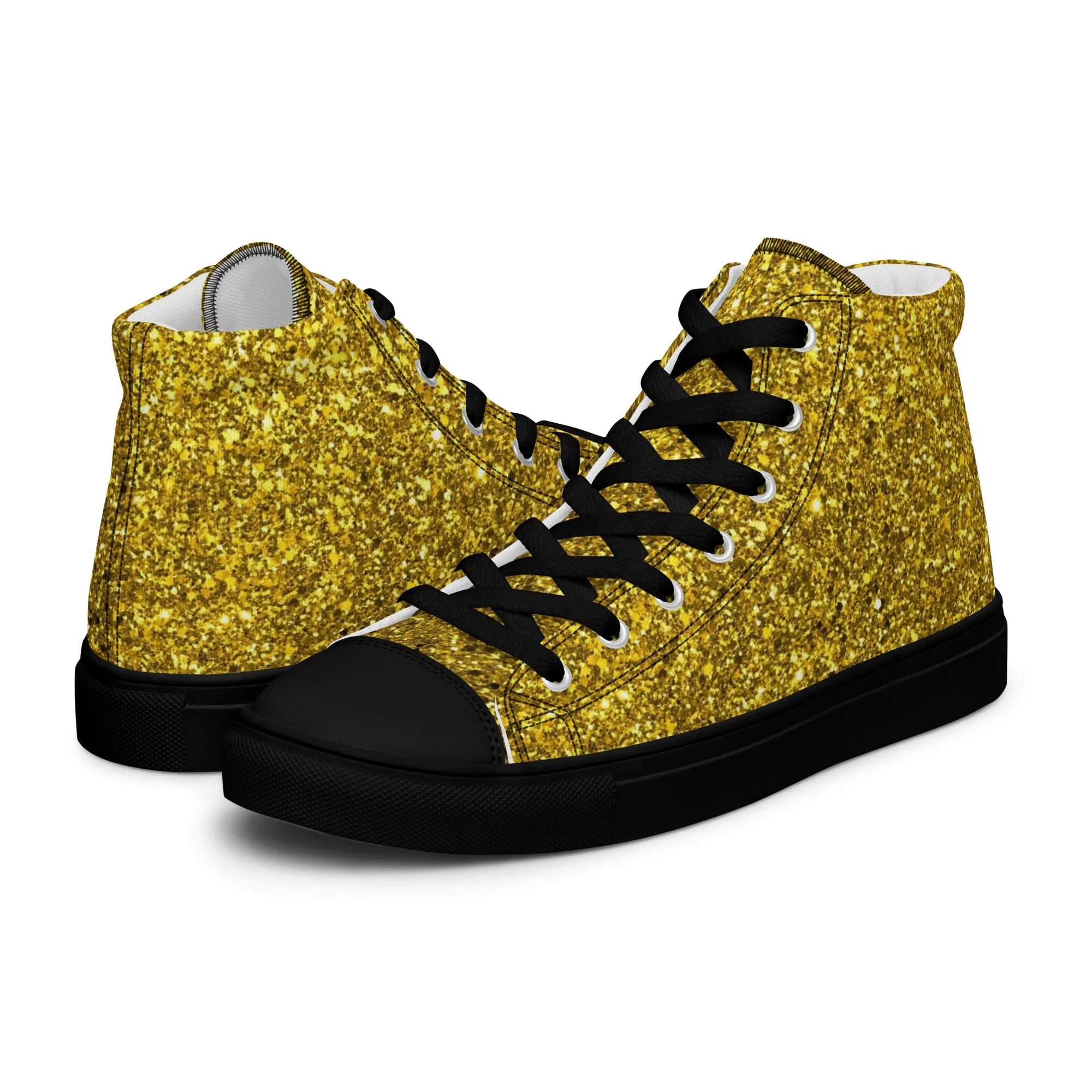 Men’s Gold Glitter Print high top canvas shoes, Gold Glitter Fashion Sneakers, Shoe Lover Gift