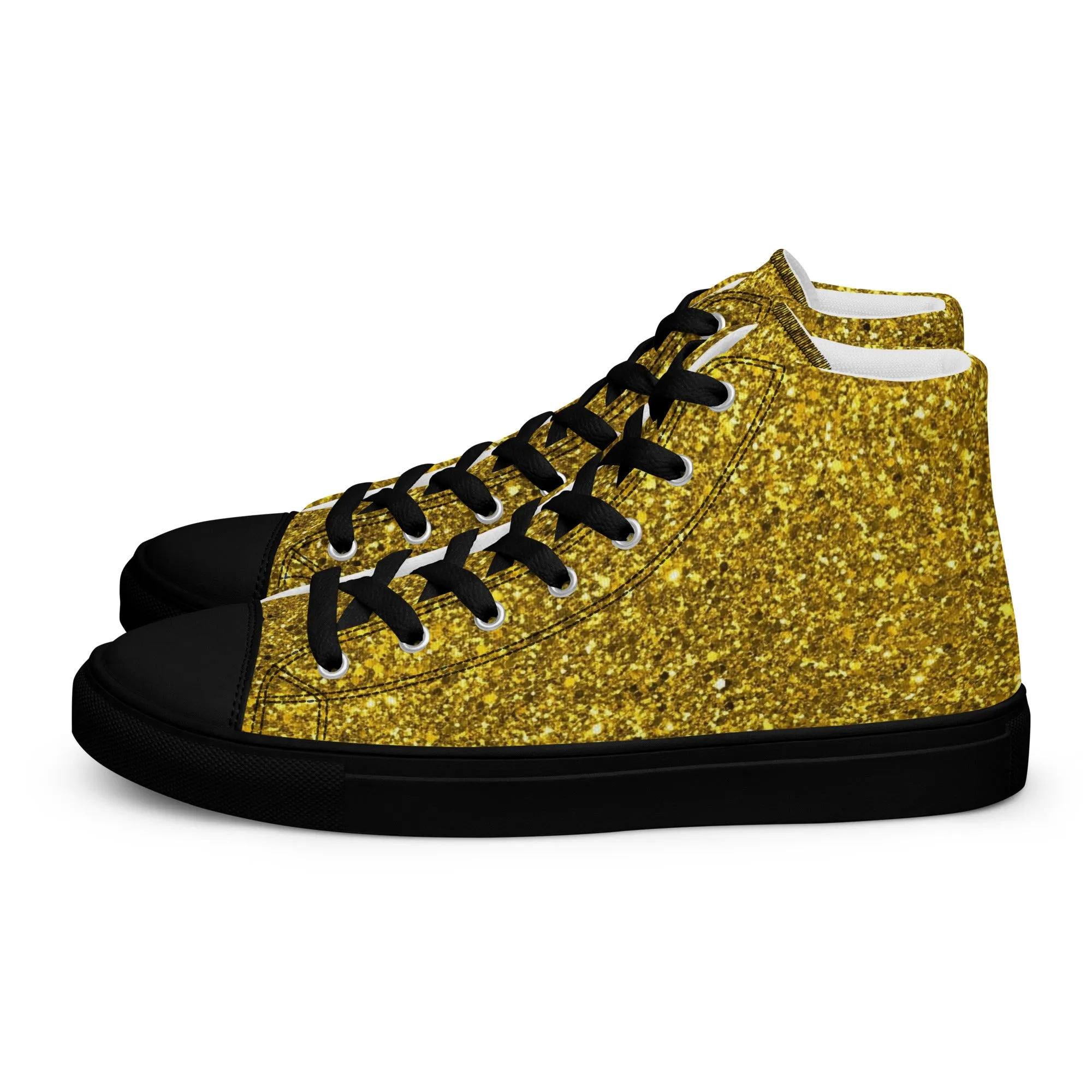 Men’s Gold Glitter Print high top canvas shoes, Gold Glitter Fashion Sneakers, Shoe Lover Gift