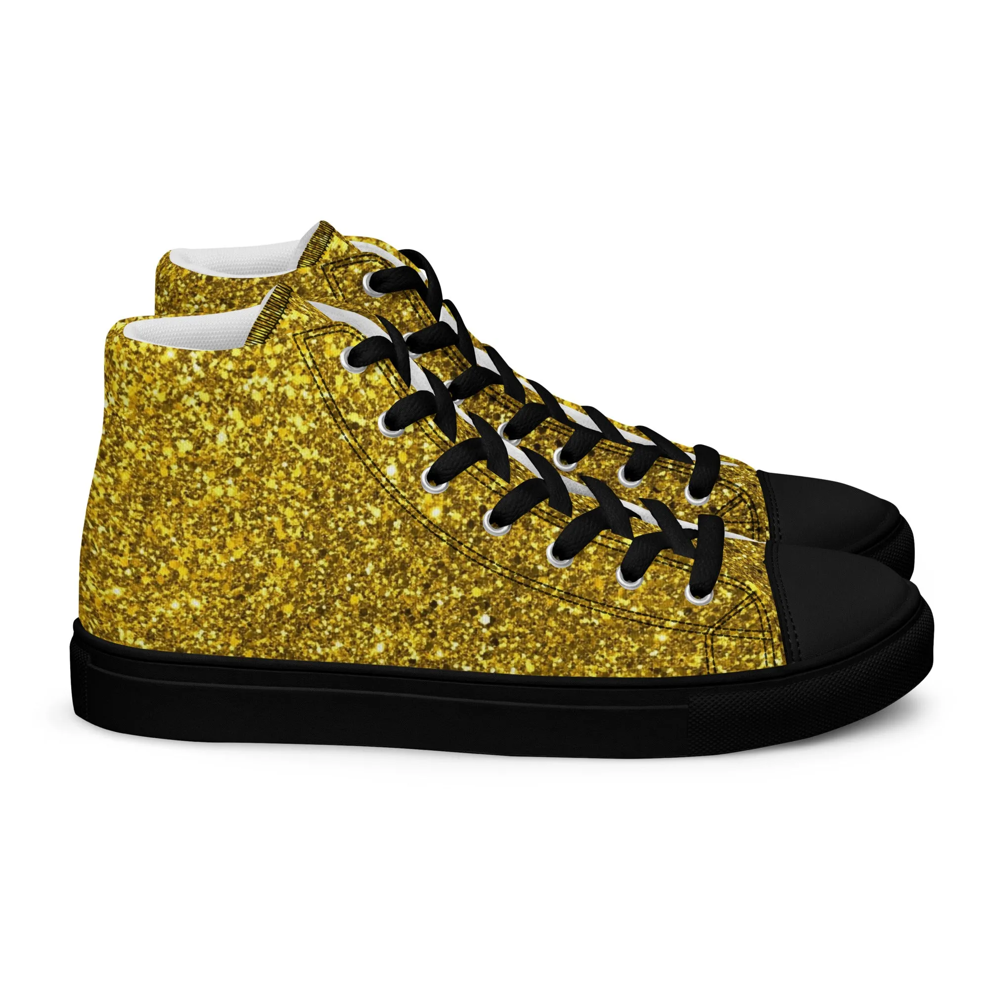 Men’s Gold Glitter Print high top canvas shoes, Gold Glitter Fashion Sneakers, Shoe Lover Gift