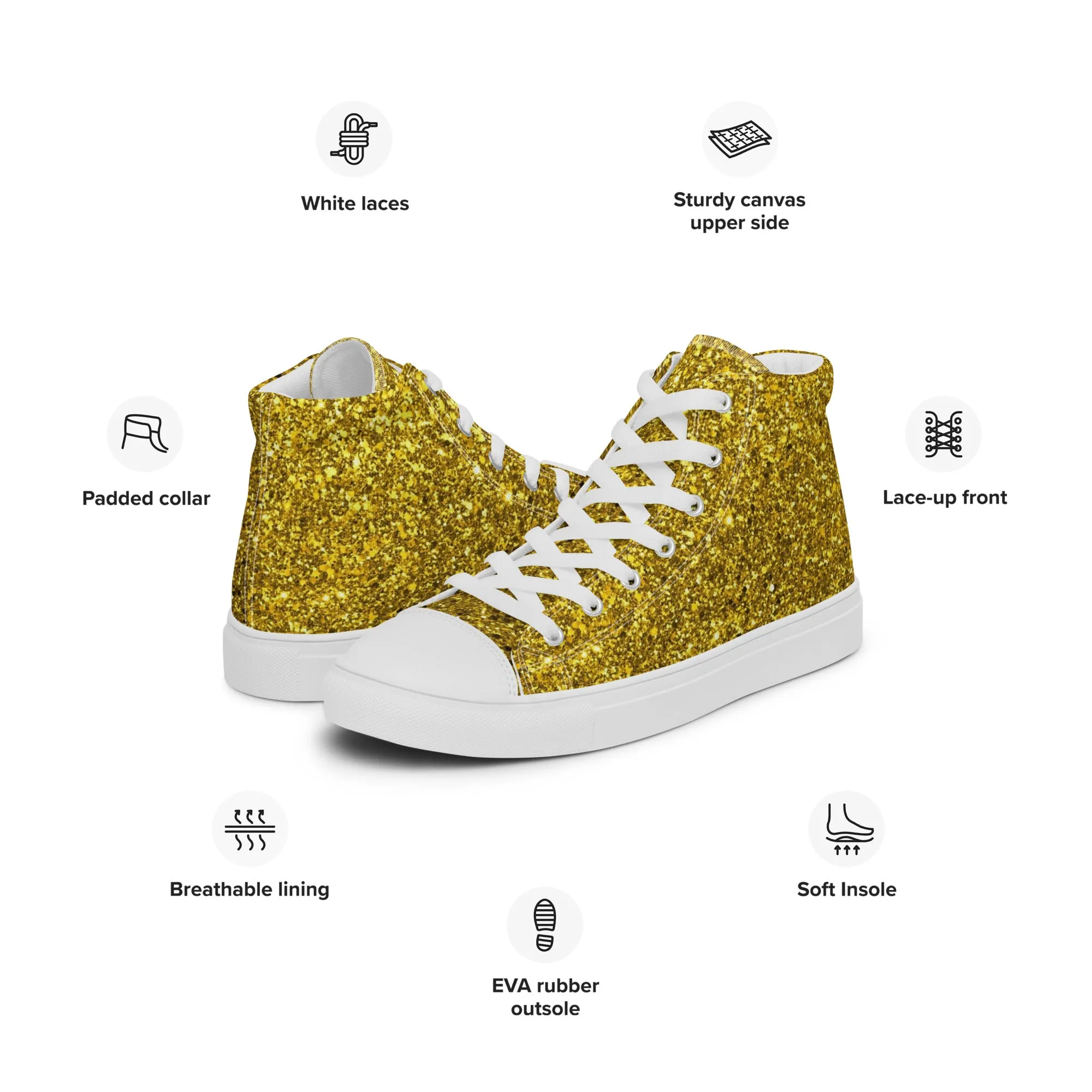 Men’s Gold Glitter Print high top canvas shoes, Gold Glitter Fashion Sneakers, Shoe Lover Gift