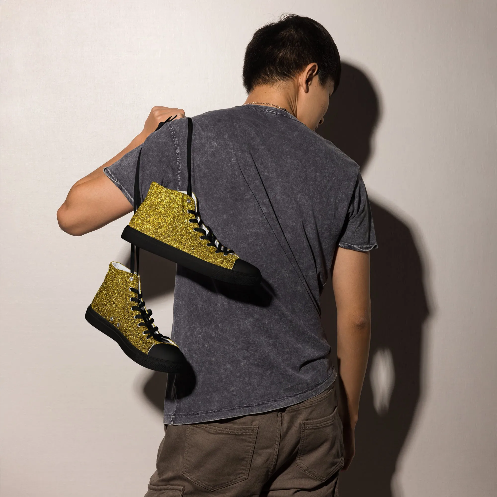 Men’s Gold Glitter Print high top canvas shoes, Gold Glitter Fashion Sneakers, Shoe Lover Gift