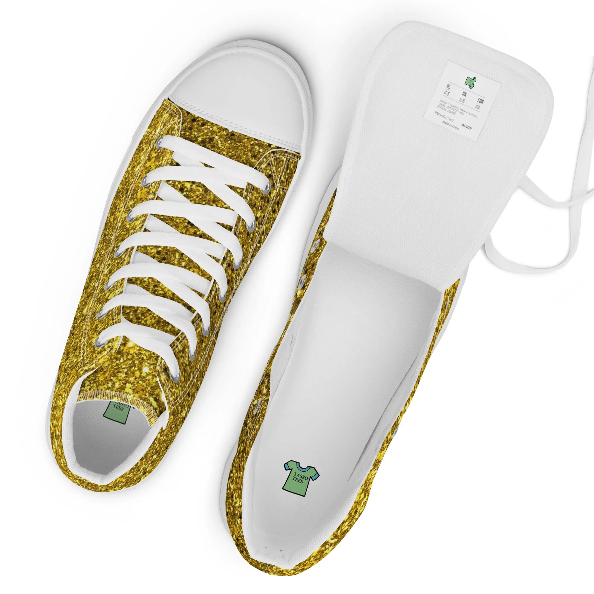 Men’s Gold Glitter Print high top canvas shoes, Gold Glitter Fashion Sneakers, Shoe Lover Gift