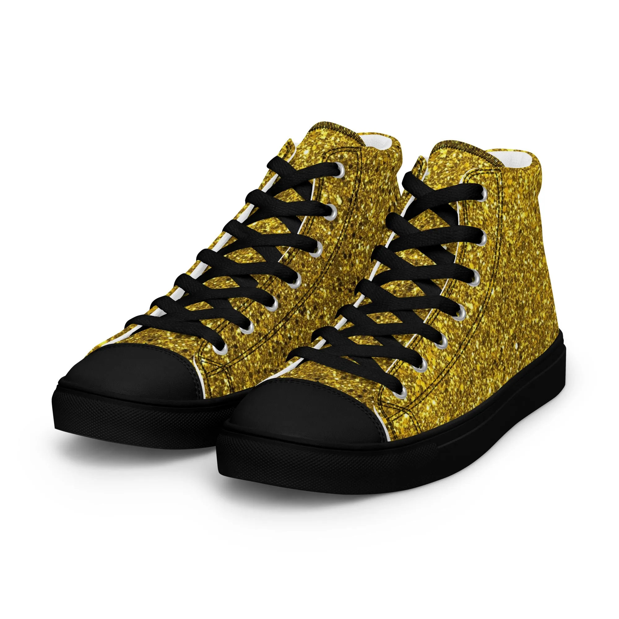 Men’s Gold Glitter Print high top canvas shoes, Gold Glitter Fashion Sneakers, Shoe Lover Gift