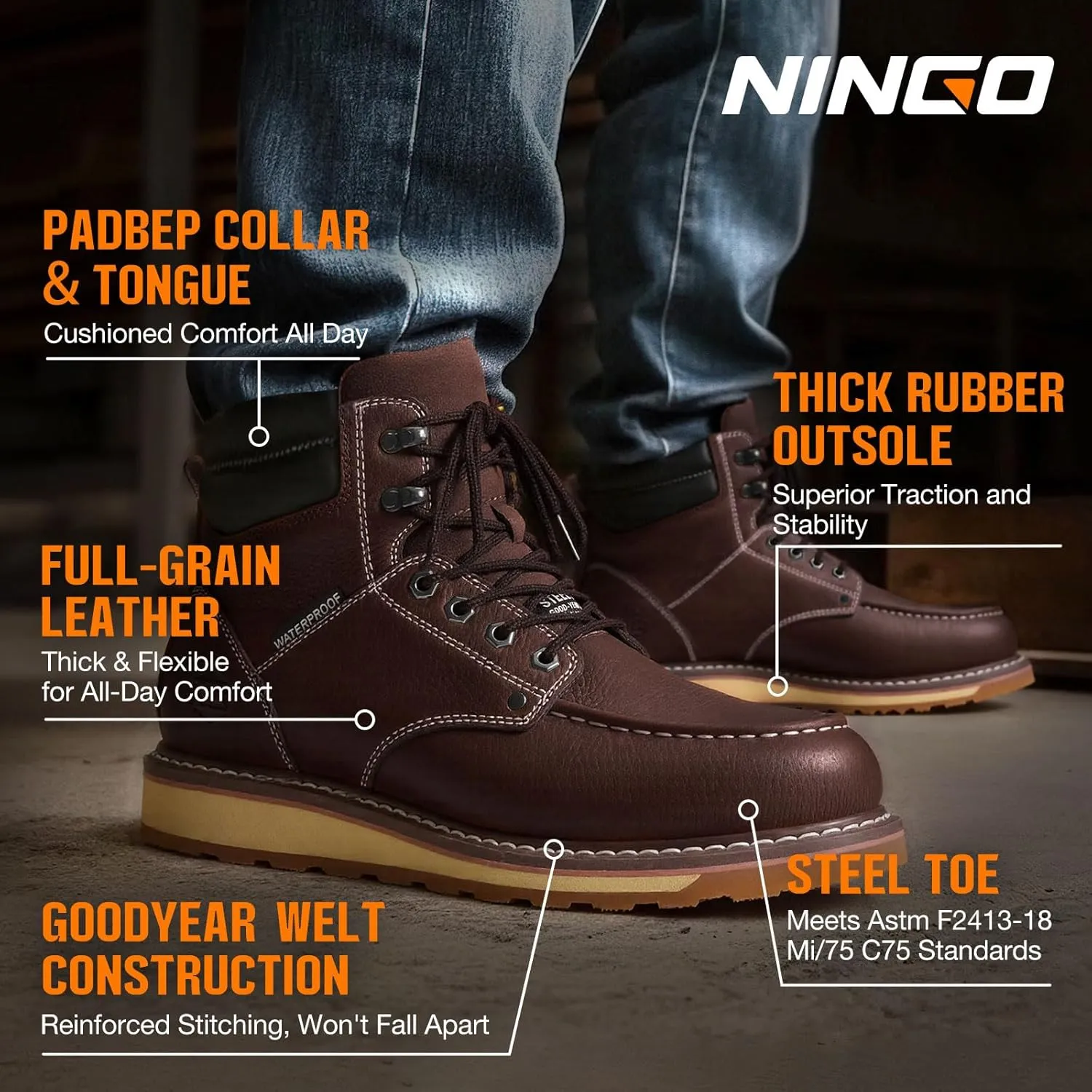 NINGO Steel/Soft Toe Work Boots for Men, 6 Inch Waterproof Mens Wedge Moc Toe Boots, Full-Grain Leather, Oil and Slip-Resistant Safety Boots, EH Protection,Work Boots for Construction, Industrial