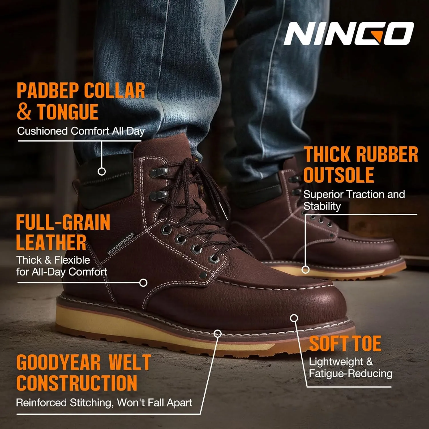 NINGO Steel/Soft Toe Work Boots for Men, 6 Inch Waterproof Mens Wedge Moc Toe Boots, Full-Grain Leather, Oil and Slip-Resistant Safety Boots, EH Protection,Work Boots for Construction, Industrial