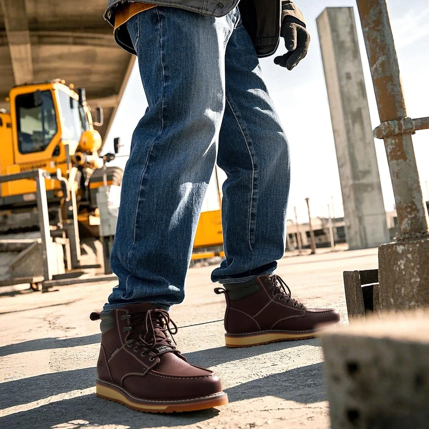 NINGO Steel/Soft Toe Work Boots for Men, 6 Inch Waterproof Mens Wedge Moc Toe Boots, Full-Grain Leather, Oil and Slip-Resistant Safety Boots, EH Protection,Work Boots for Construction, Industrial