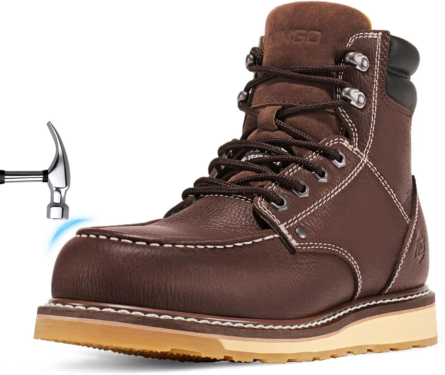 NINGO Steel/Soft Toe Work Boots for Men, 6 Inch Waterproof Mens Wedge Moc Toe Boots, Full-Grain Leather, Oil and Slip-Resistant Safety Boots, EH Protection,Work Boots for Construction, Industrial