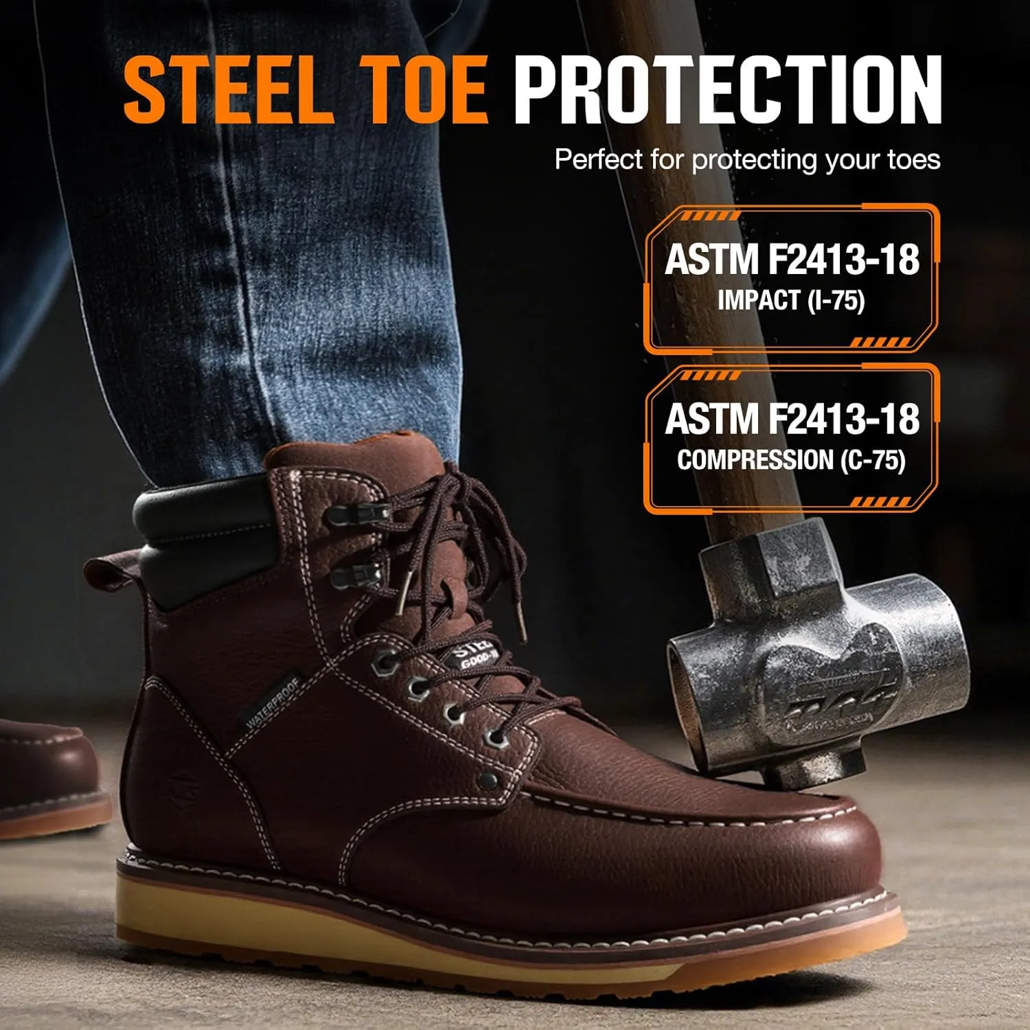 NINGO Steel/Soft Toe Work Boots for Men, 6 Inch Waterproof Mens Wedge Moc Toe Boots, Full-Grain Leather, Oil and Slip-Resistant Safety Boots, EH Protection,Work Boots for Construction, Industrial