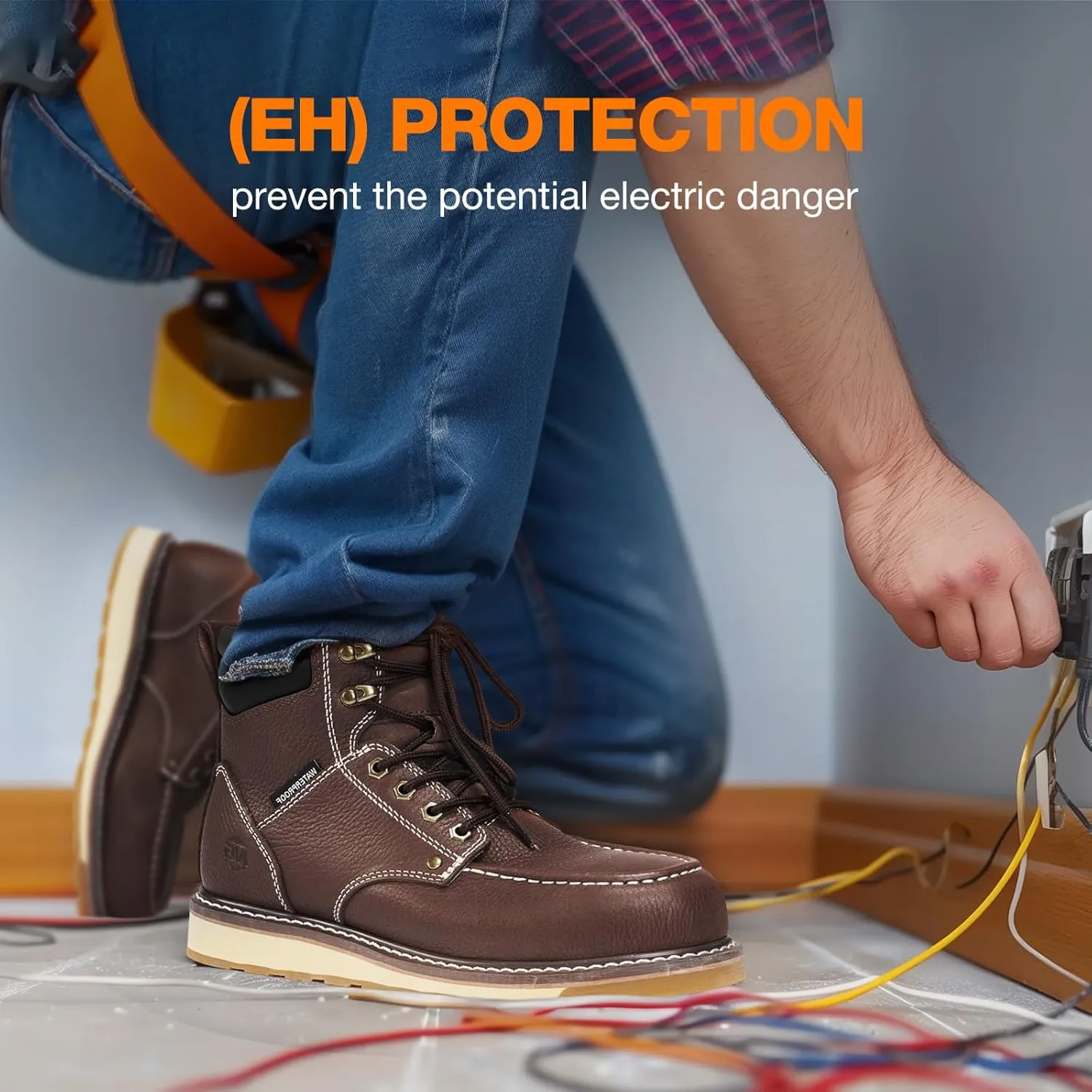 NINGO Steel/Soft Toe Work Boots for Men, 6 Inch Waterproof Mens Wedge Moc Toe Boots, Full-Grain Leather, Oil and Slip-Resistant Safety Boots, EH Protection,Work Boots for Construction, Industrial