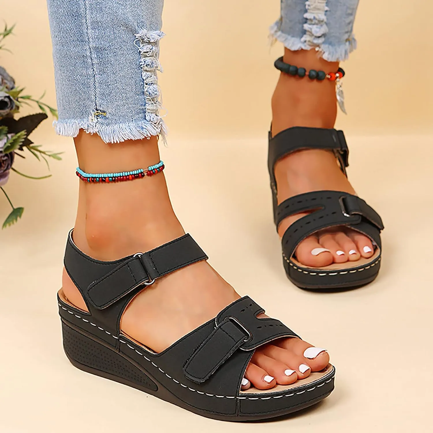 Orthopedic Wedge Sandals for Women Summer Dressy, Open Toe Ankle Strap Casual Platform Sandals Strappy Low Wedges Slip on Sandals Beach Sandals Dress Shoes Comfortable Outdoor Shoes