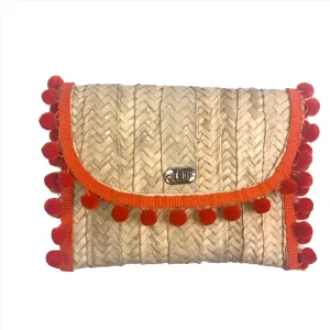 Penelope Orange Pom Pom Trim Straw Clutch